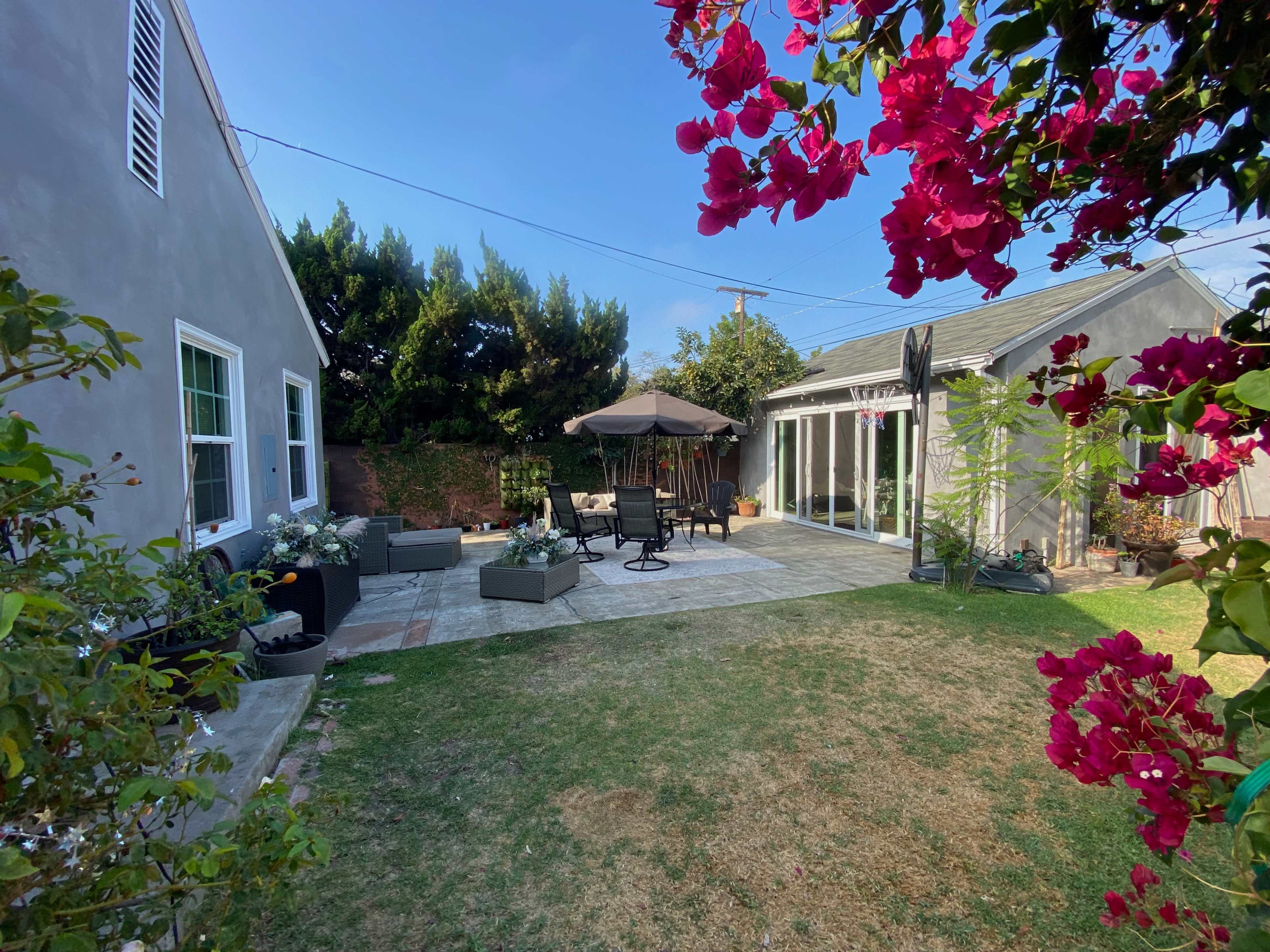 A backyard patio features seating areas, an umbrella, and blooming flowers, surrounded by two gray buildings.