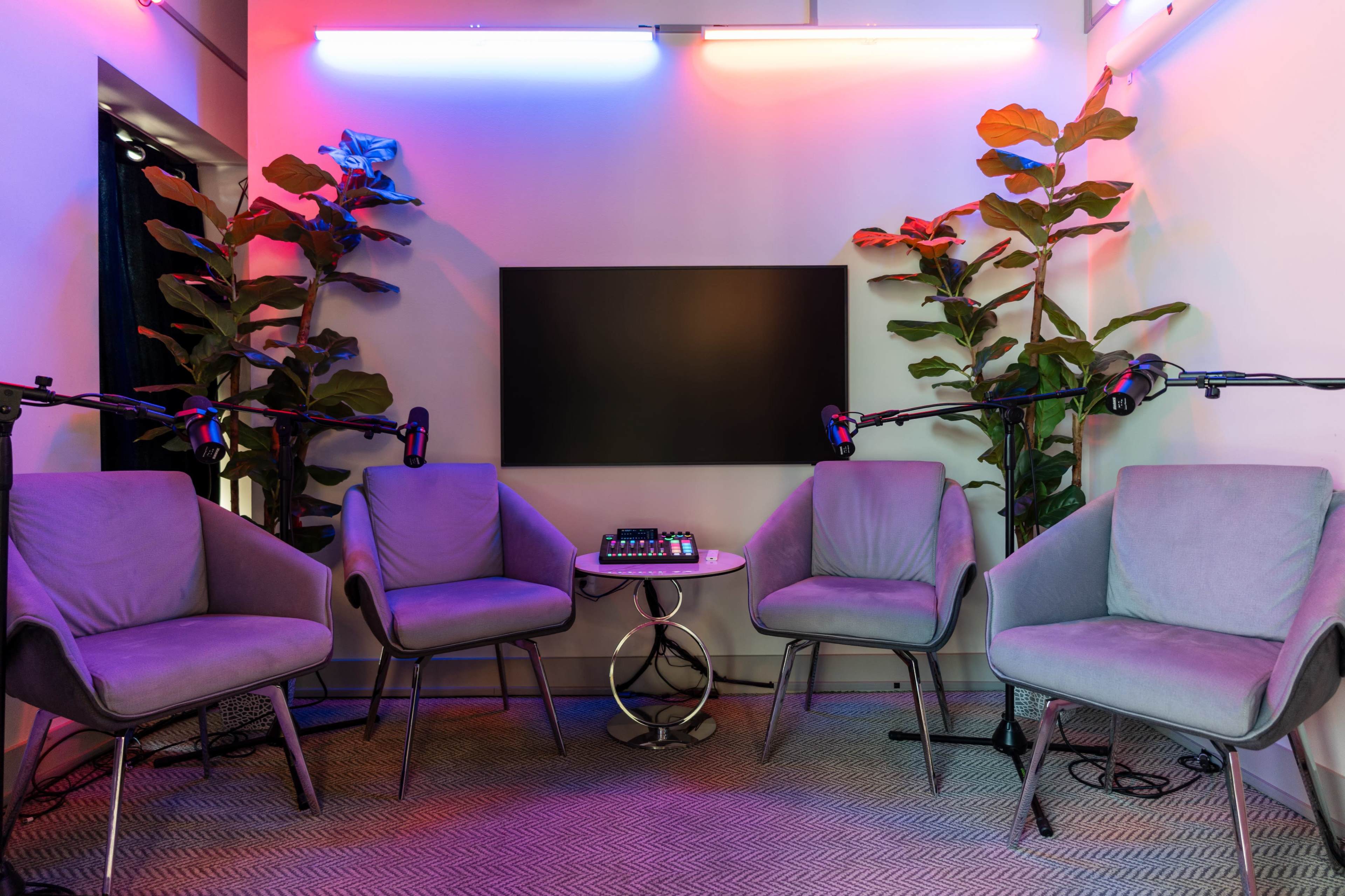 A modern, brightly lit studio setup features four gray chairs arranged around a small table with a control panel, flanked by two large plants and a wall-mounted screen.