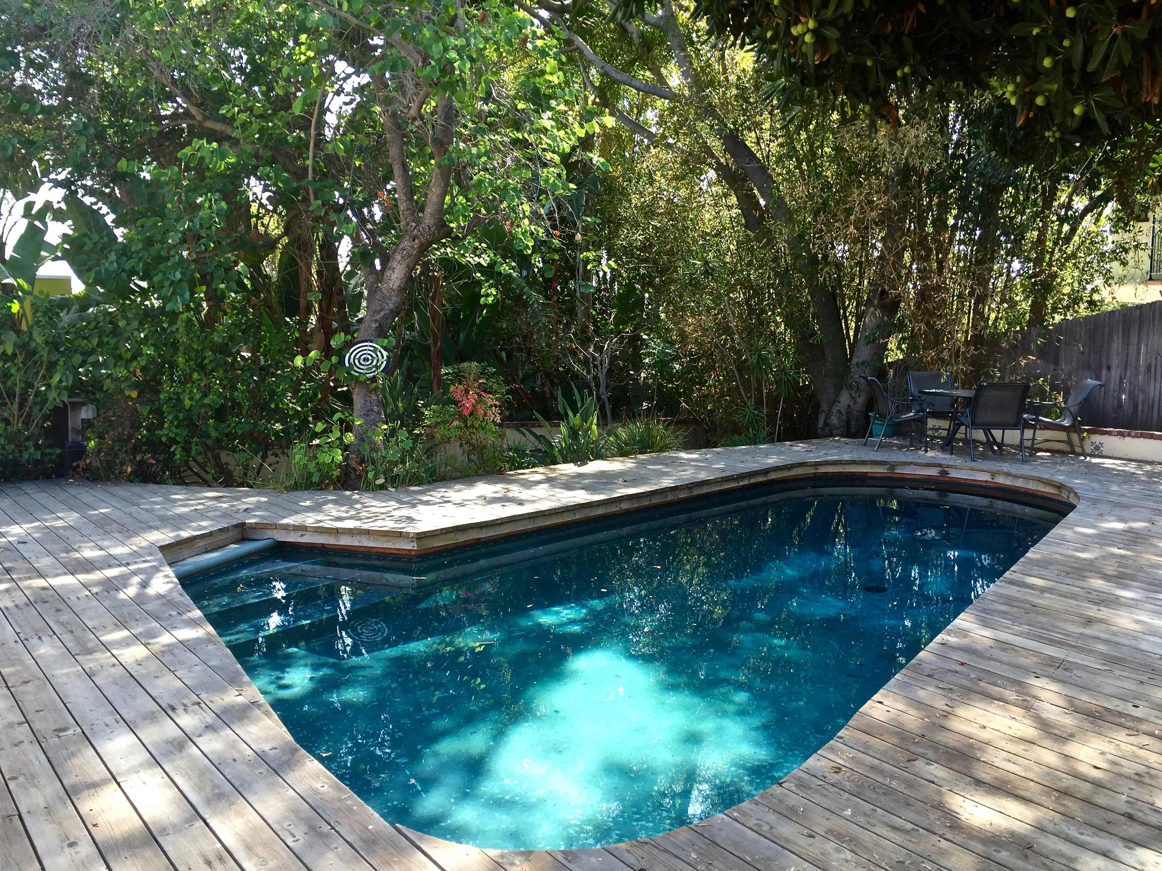 The image shows a swimming pool surrounded by a wooden deck and lush greenery.