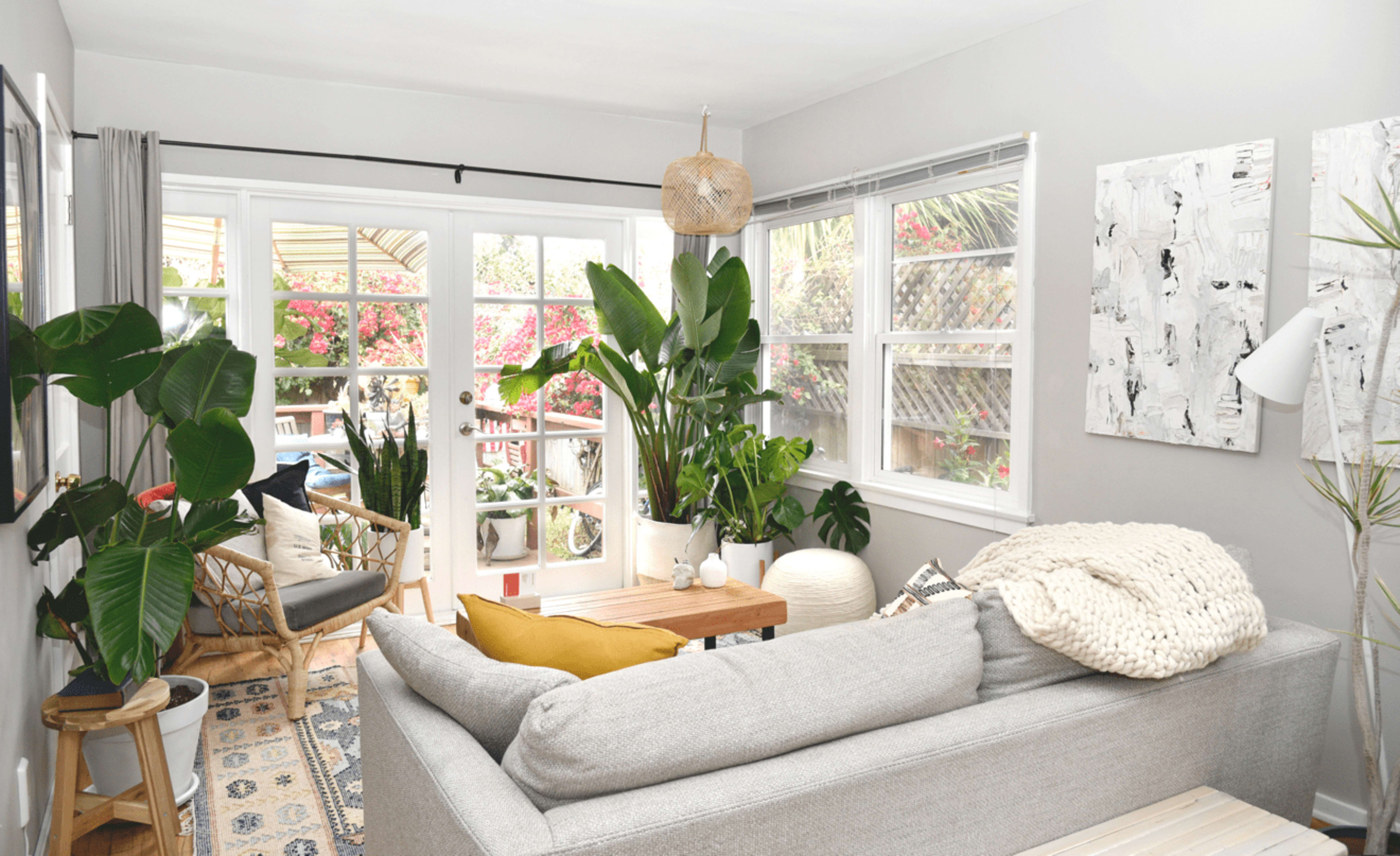 A bright living room with a light grey sofa, wooden coffee table, and large indoor plants, featuring large windows that open to a patio filled with greenery.