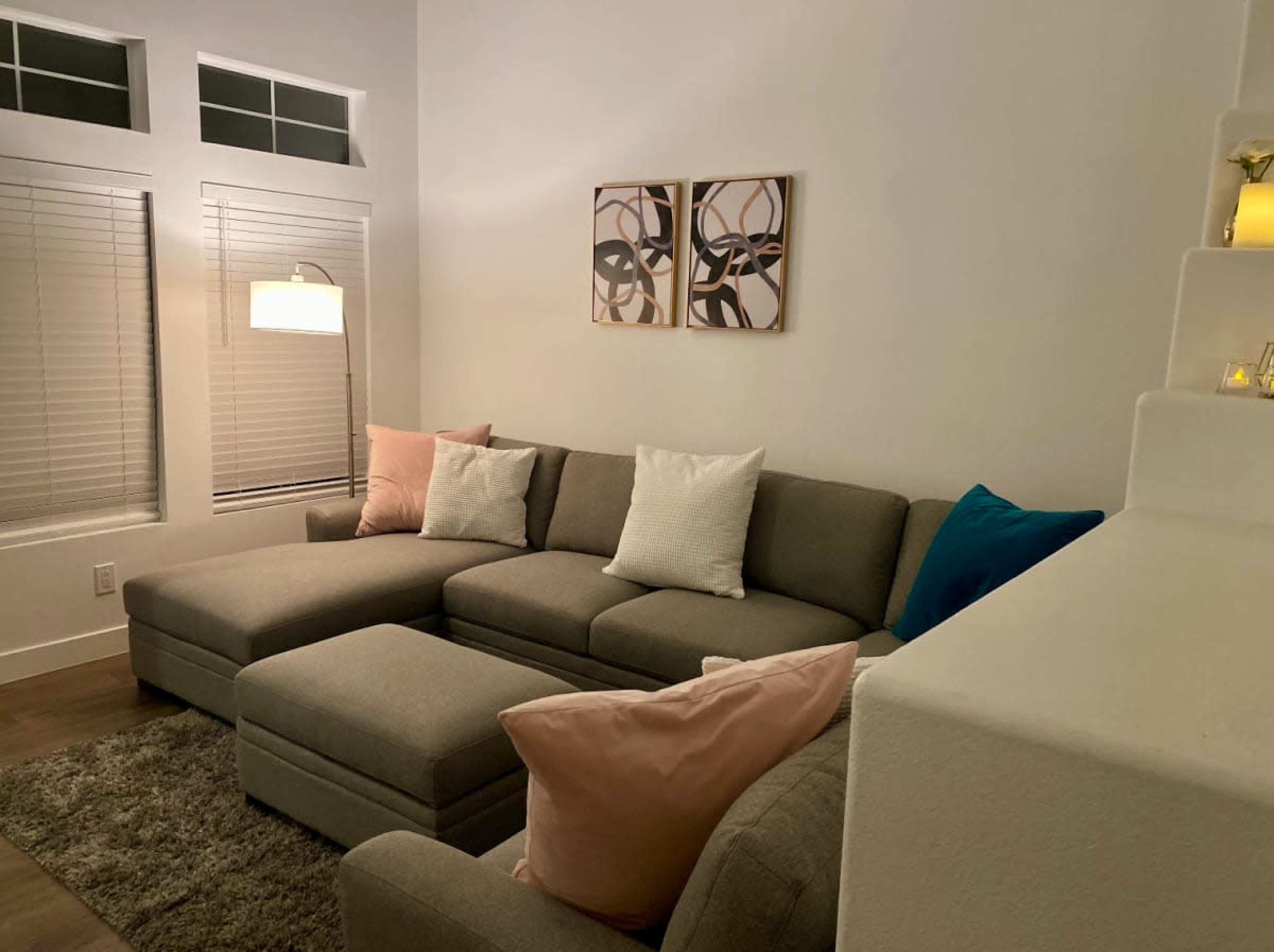 The image shows a modern living room featuring a gray sectional sofa adorned with pink and blue accent pillows, a floor lamp, and two framed artworks on the wall.