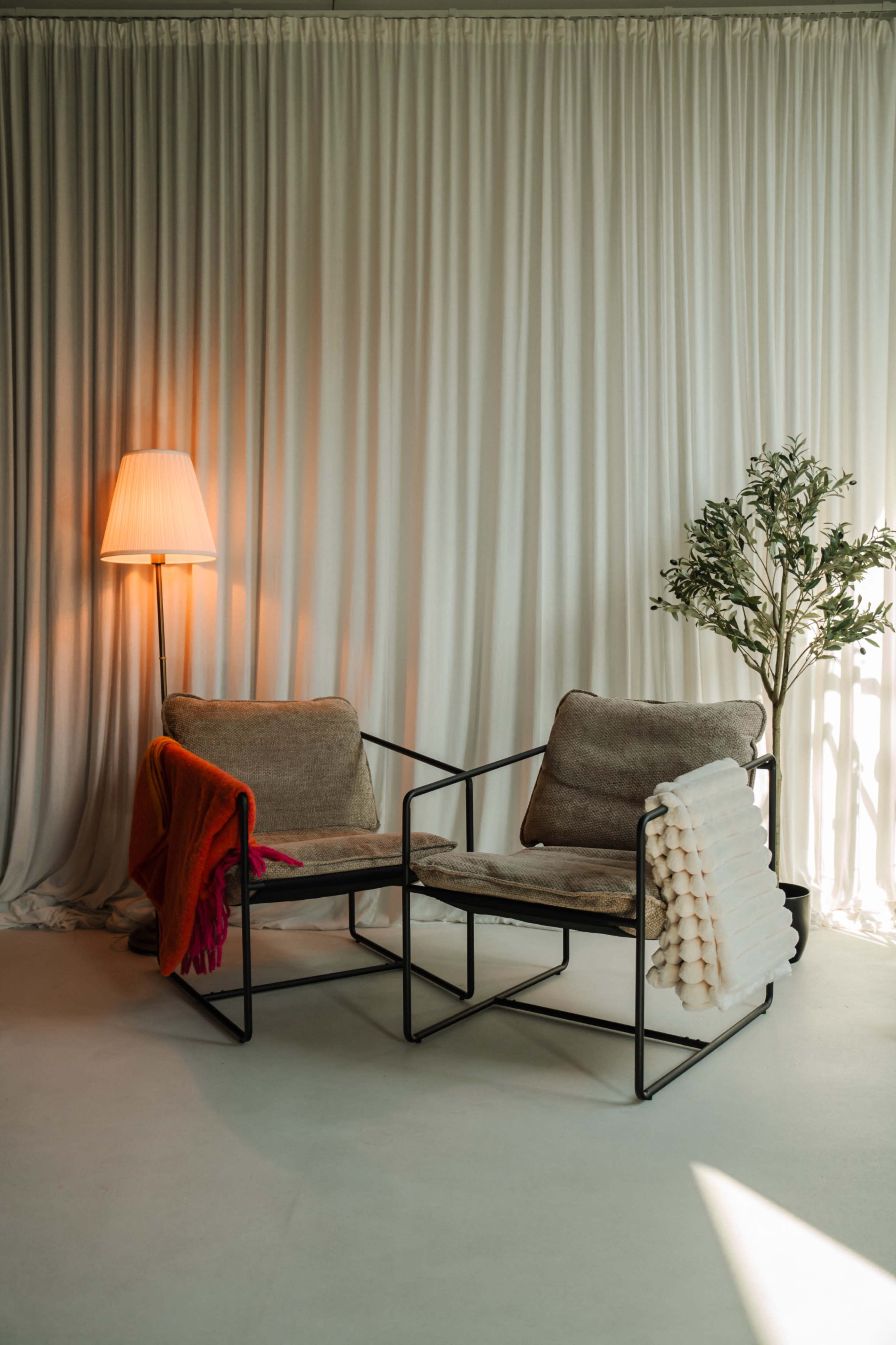 The image shows two modern, minimalist chairs positioned next to a floor lamp, with a decorative plant nearby and draped textiles on the chairs.