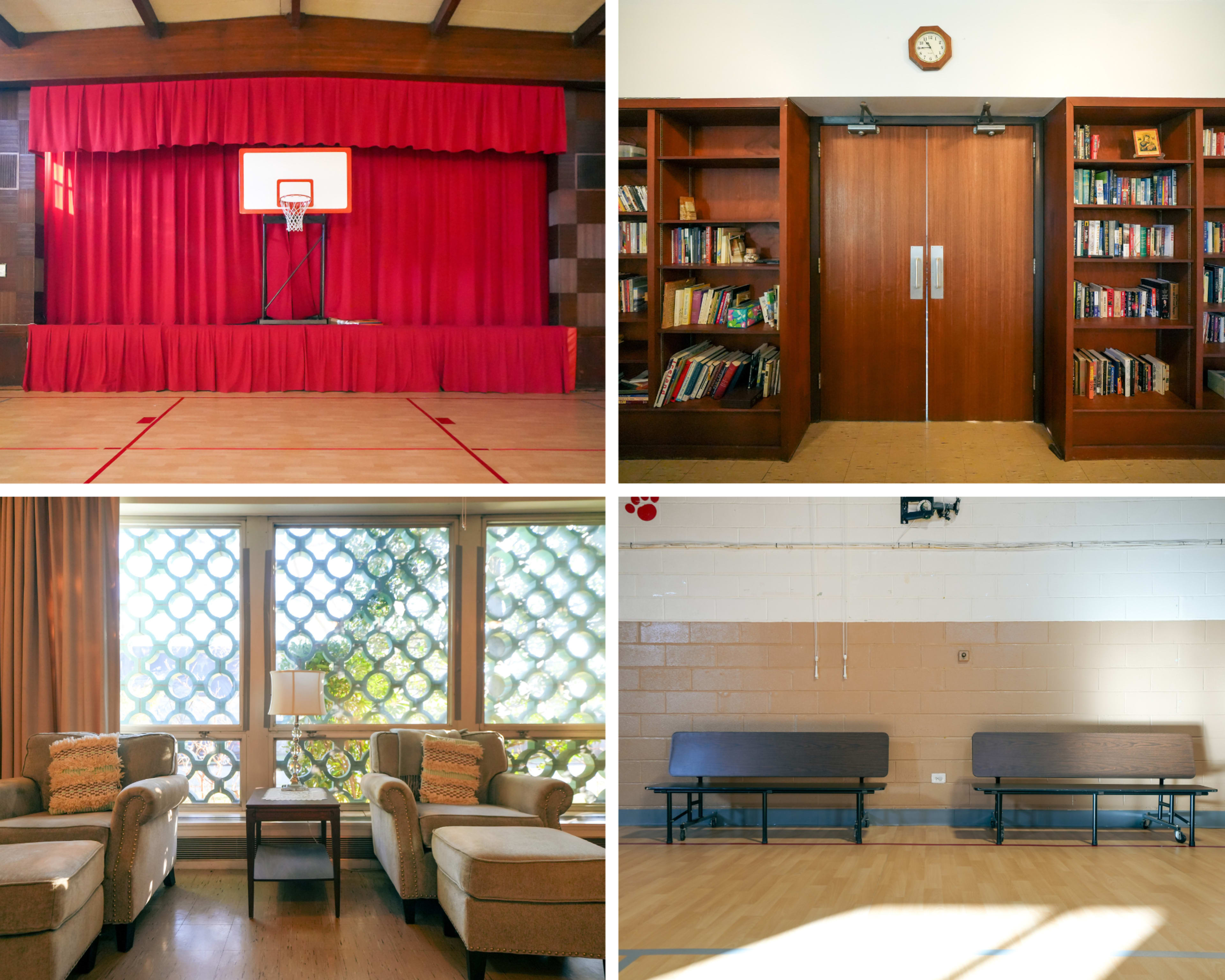 The image features four distinct scenes: a basketball court with a hoop and a red curtain, a library with wooden doors and bookshelves, a cozy lounge area with two armchairs and a lamp, and a gymnasium with empty benches against a plain wall.