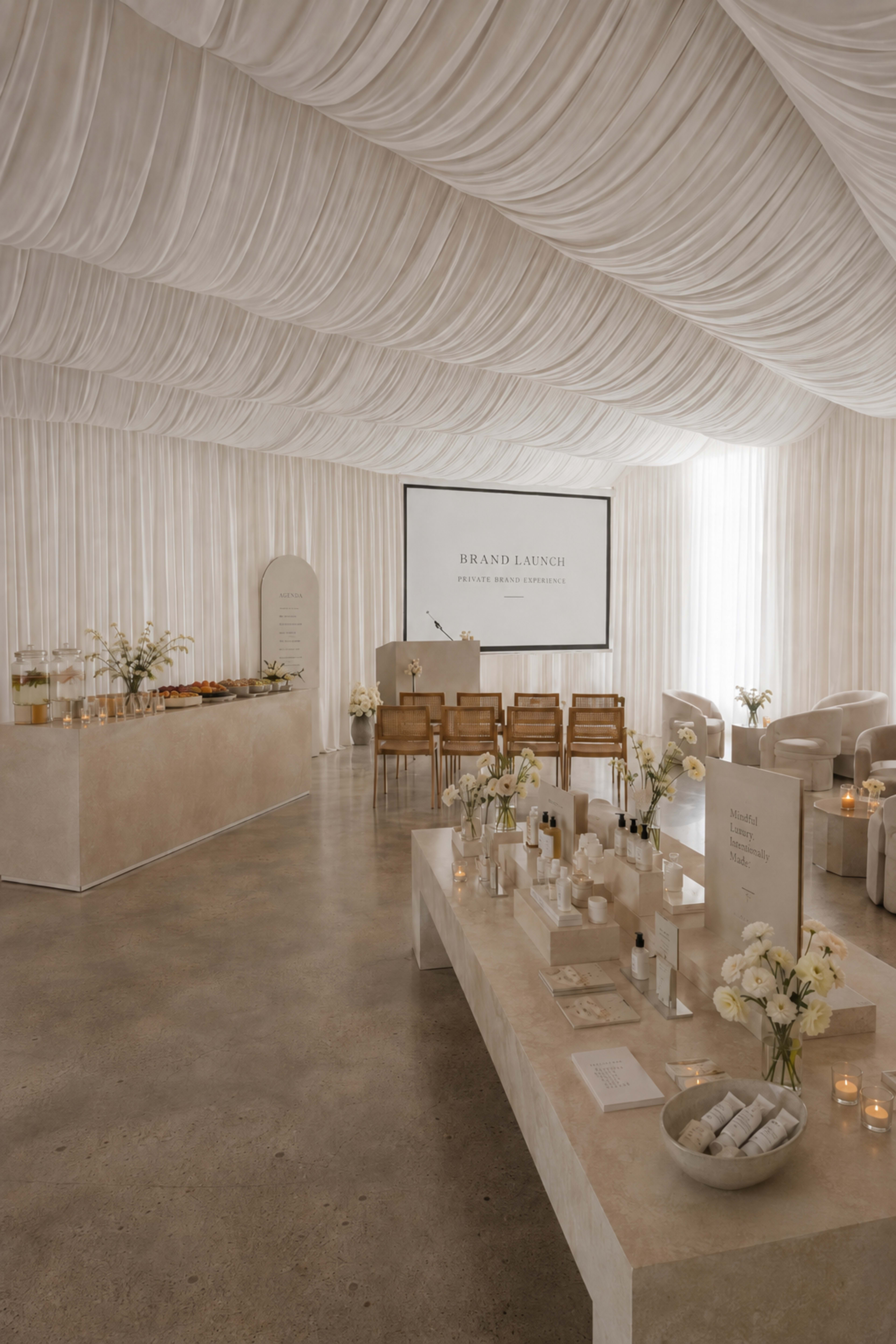 The image shows a modern event space with a draped fabric ceiling, minimalist furniture, and a setup for a brand launch presentation, featuring tables filled with products and floral arrangements.
