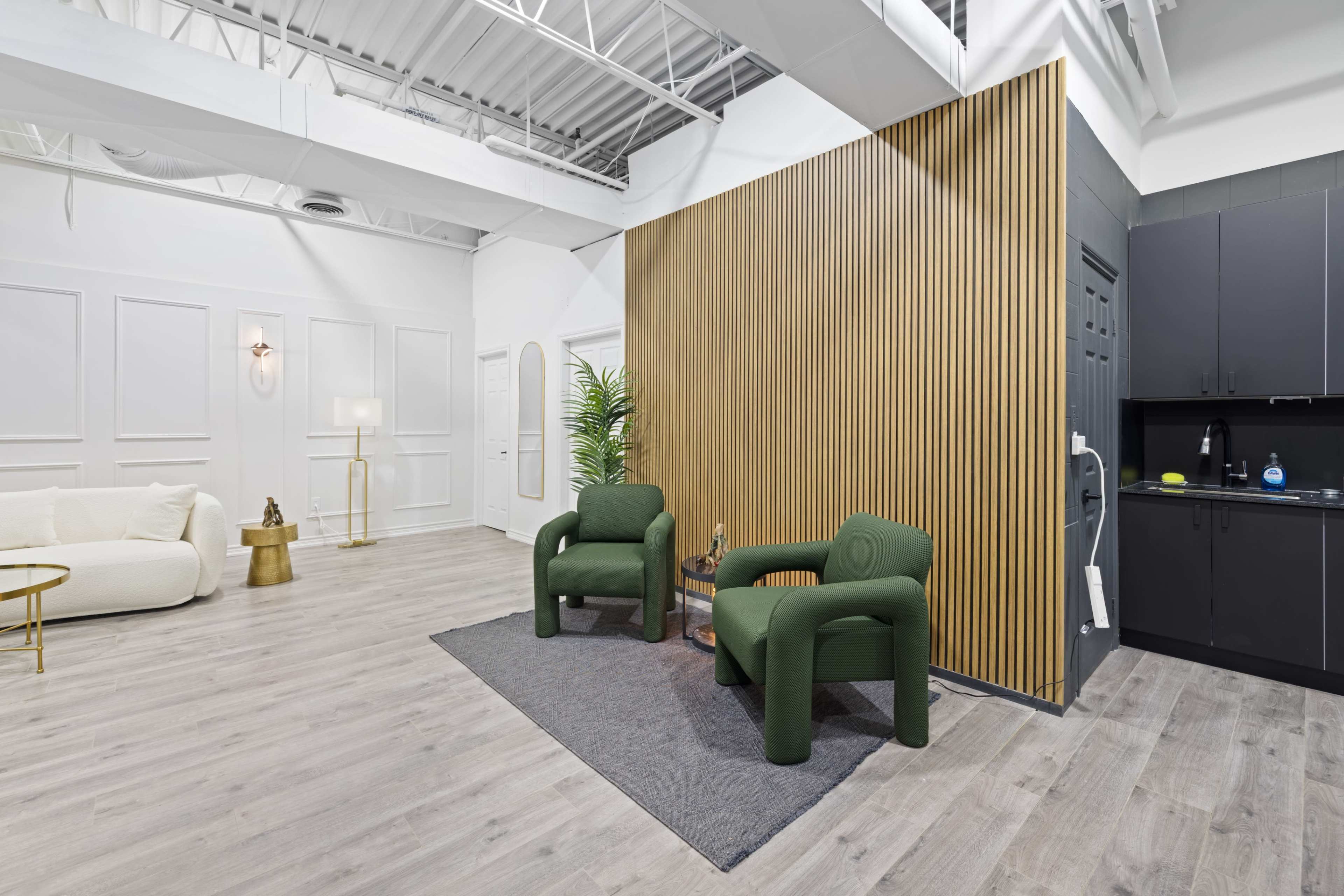 The image shows a modern interior space with a wooden accent wall, two green chairs on a rug, and a kitchenette area.