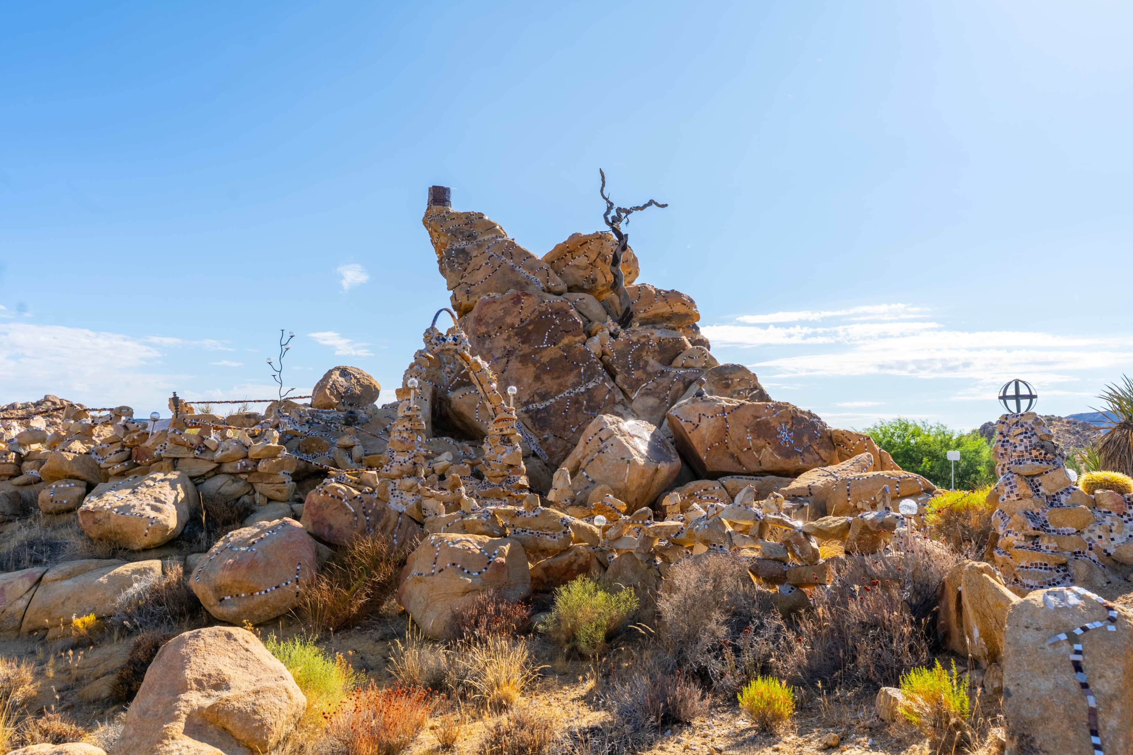 The scene features a rocky outcrop surrounded by scattered stones and desert vegetation under a clear blue sky.