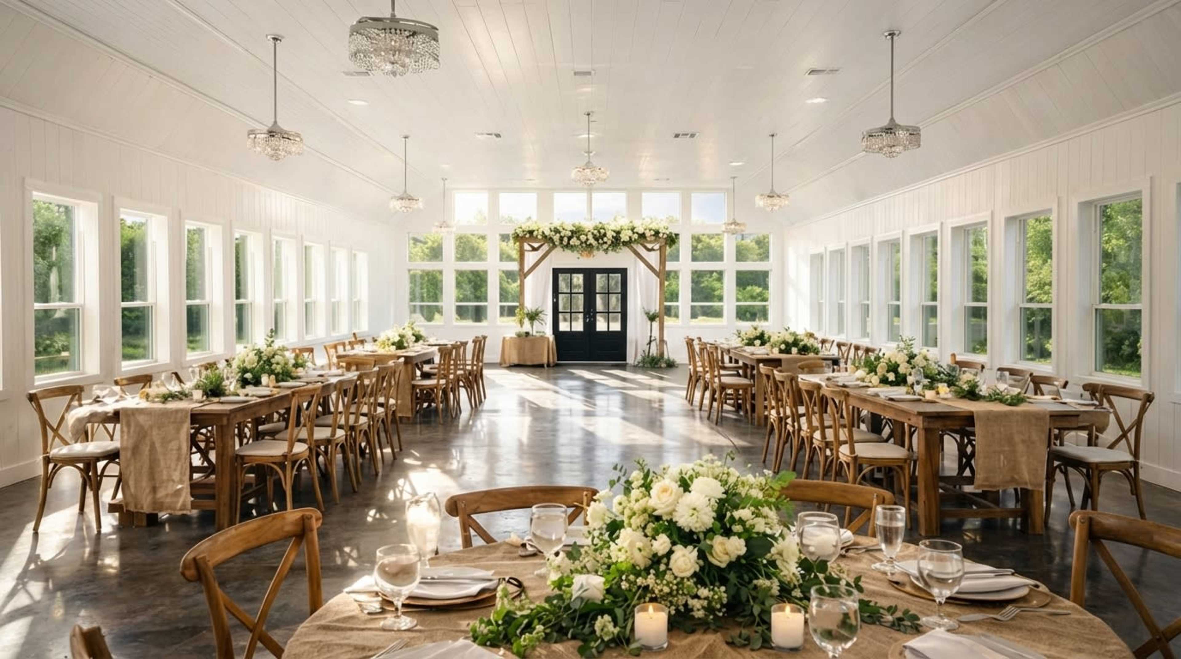 The image shows a spacious, elegantly arranged indoor venue with long tables set for an event, adorned with floral centerpieces and natural light streaming through large windows.