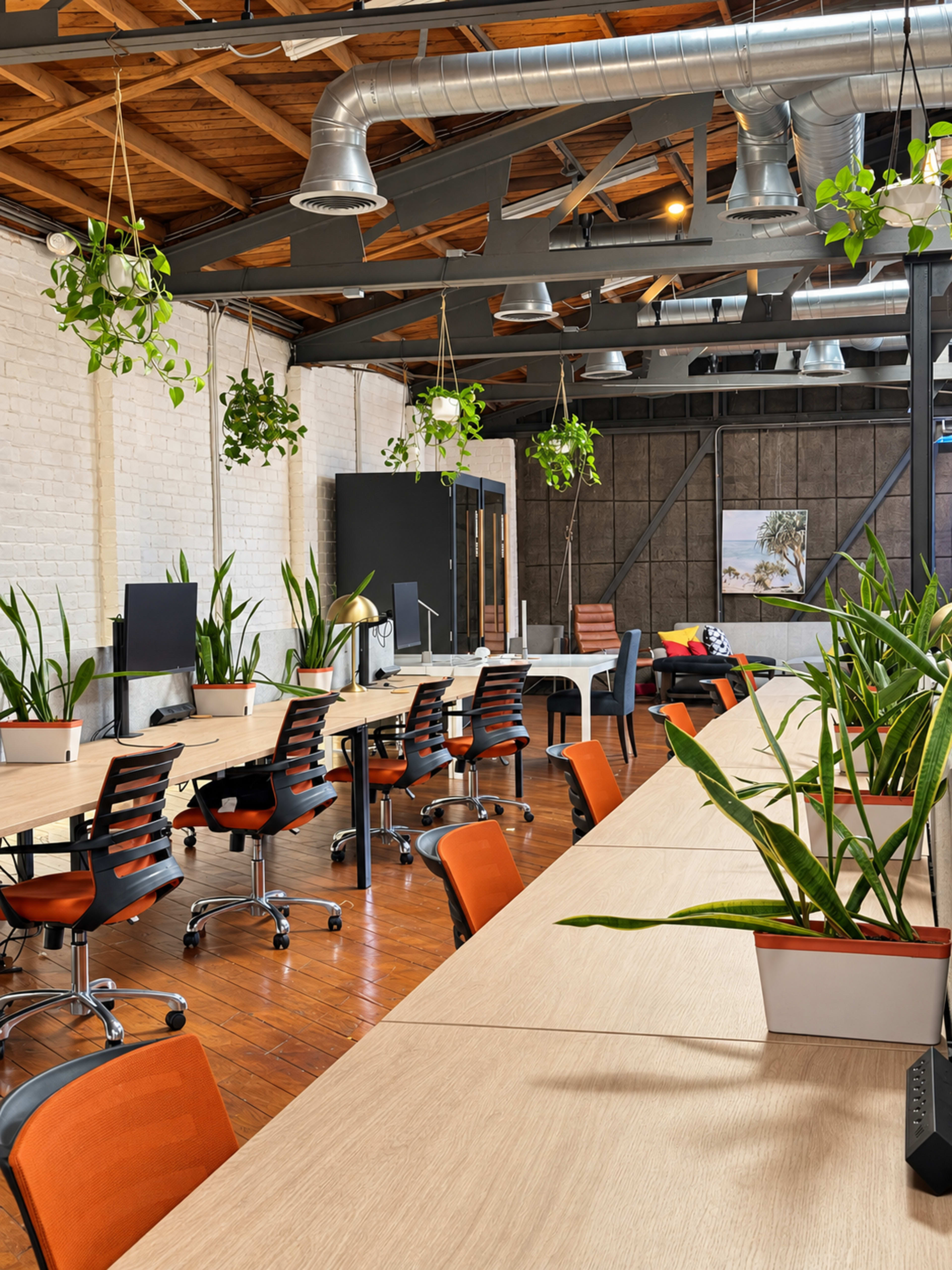 The image shows a modern, open-concept office space with wooden flooring, long desks, and various plants suspended from the ceiling and placed on tables.