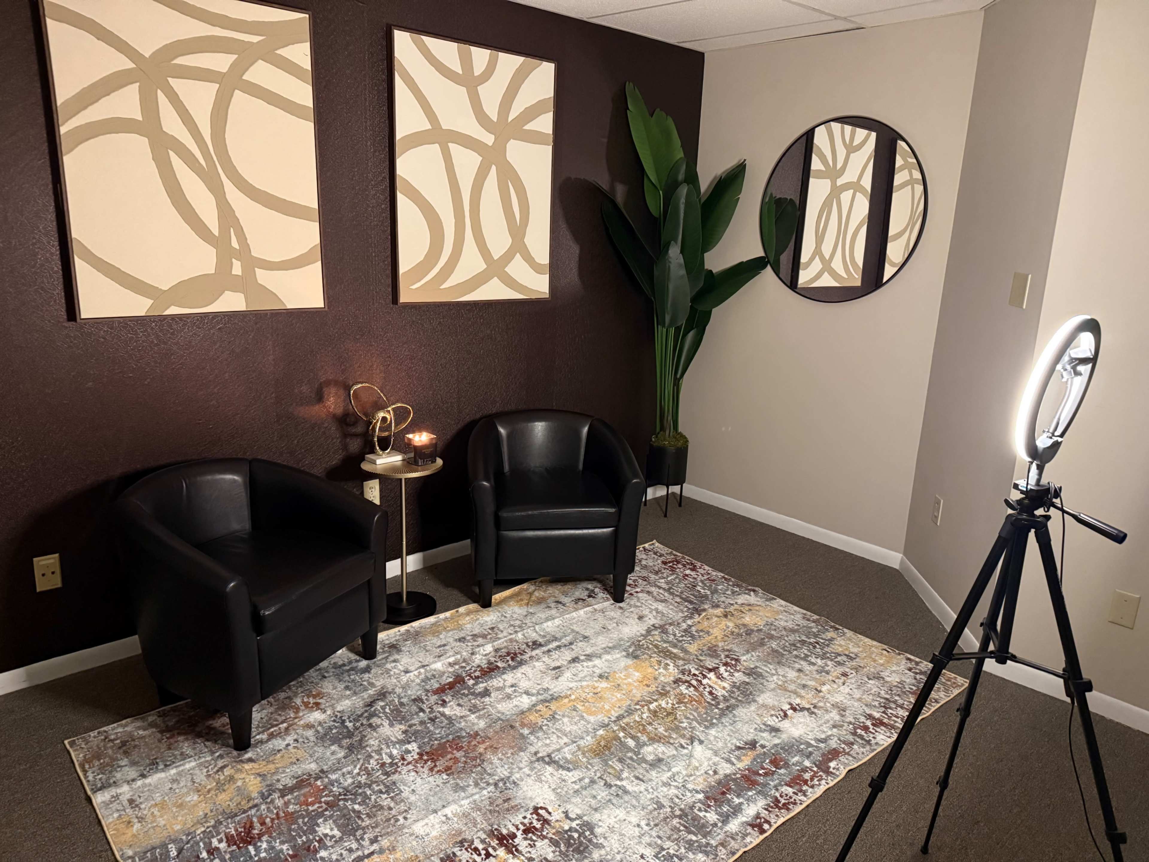 The image shows a comfortable seating area with two black chairs, a small table, decorative wall art, a plant, a round mirror, and a ring light set up on a tripod.