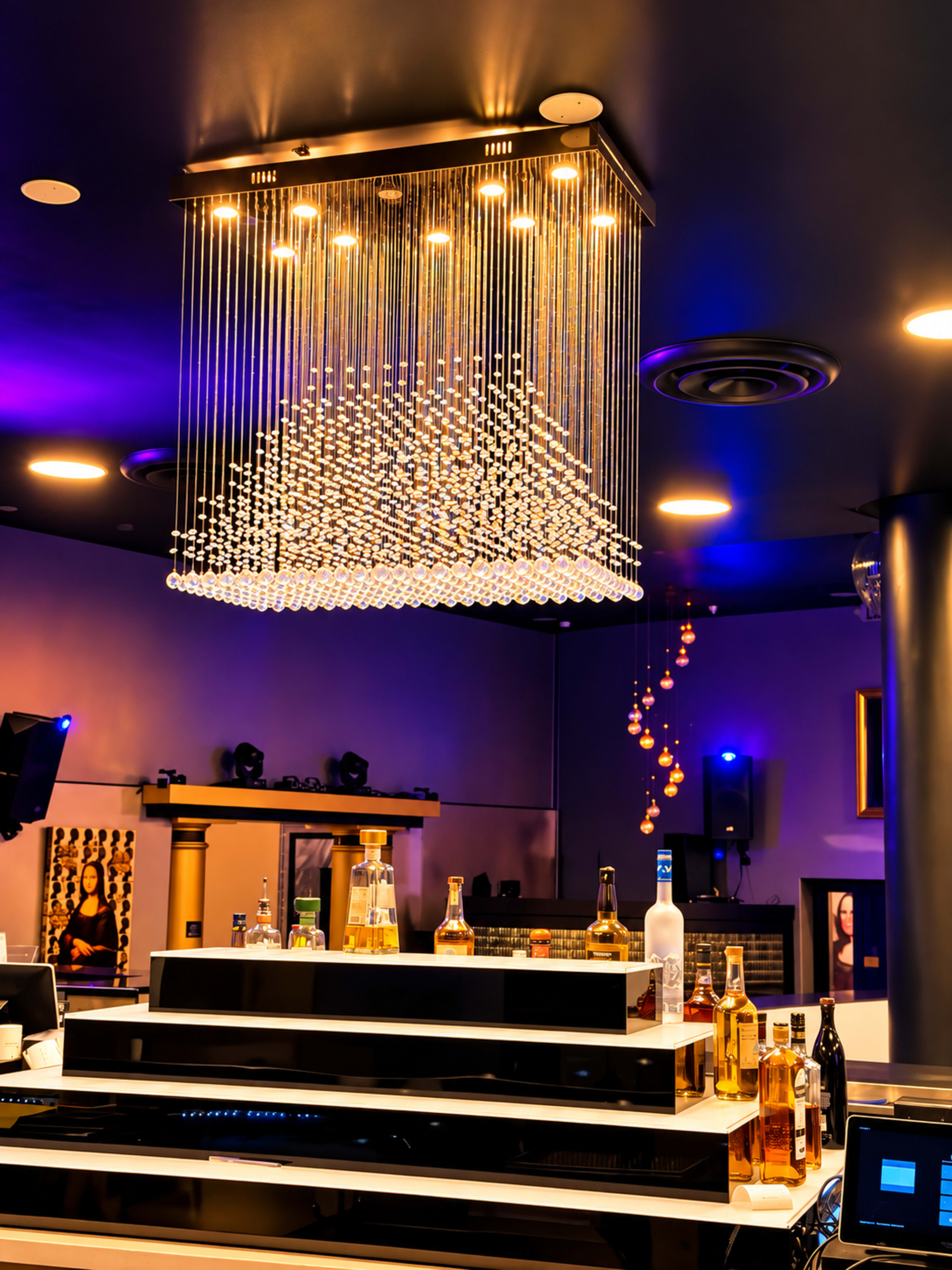 The image features a modern bar area with a striking chandelier made of hanging glass beads and various bottles of alcohol displayed on the counter beneath it.