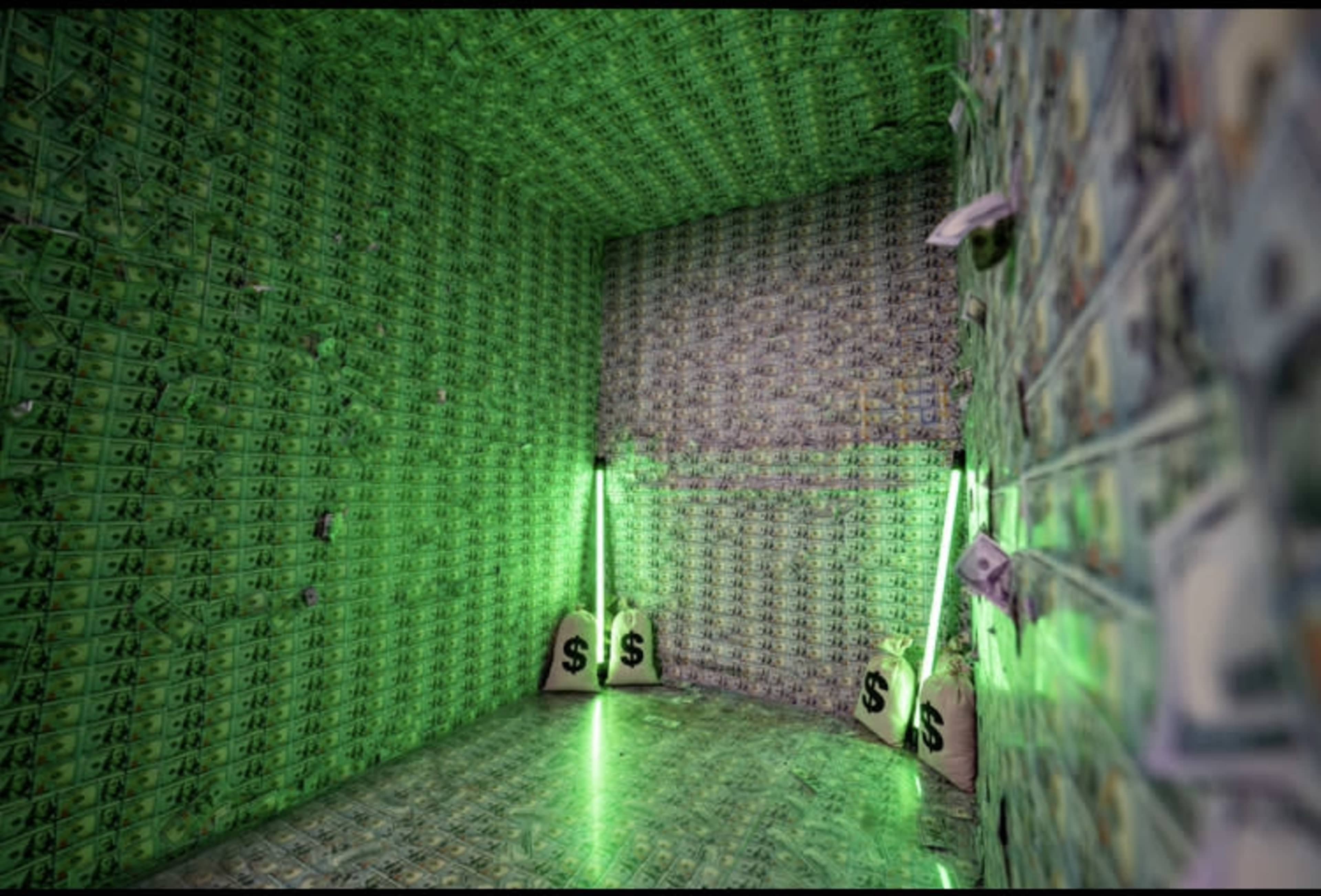 The image depicts a room with walls, floor, and ceiling covered in dollar bills, featuring two glowing green lights and bags with dollar signs on them.