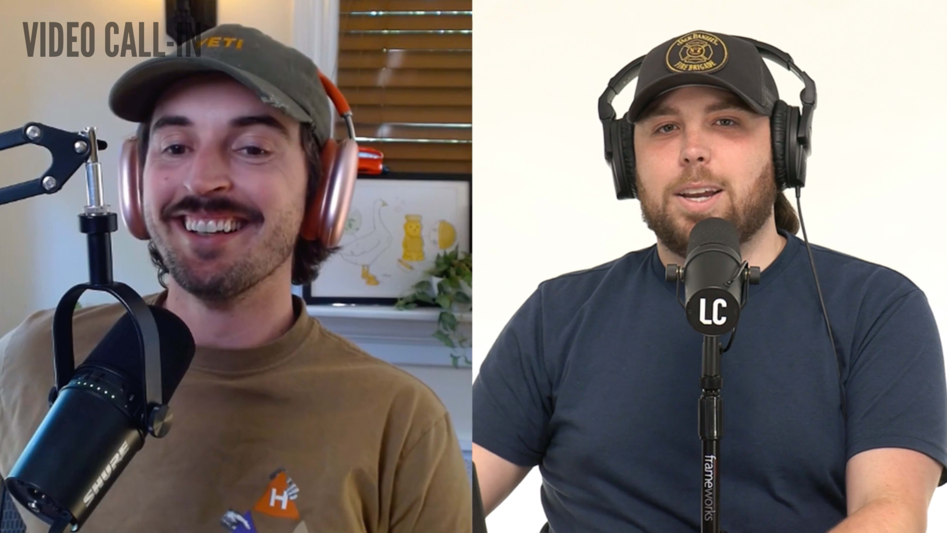 Two men are engaged in a video call, each wearing headphones and casual attire, with one in a brown shirt and the other in a blue shirt.