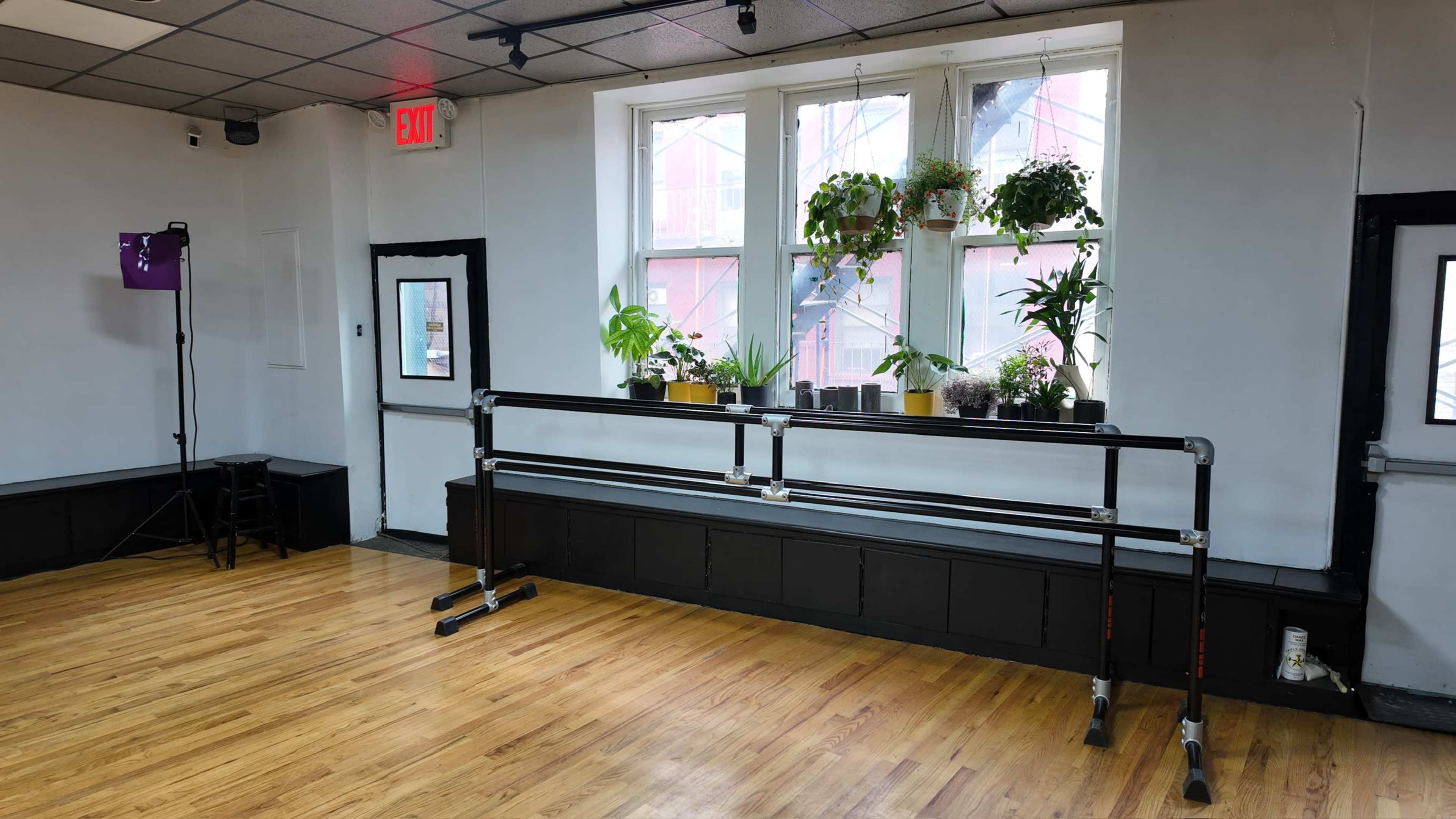 The image shows a wooden-floored studio with a wall-mounted ballet bar, potted plants on the windowsill, and a light setup in the corner.