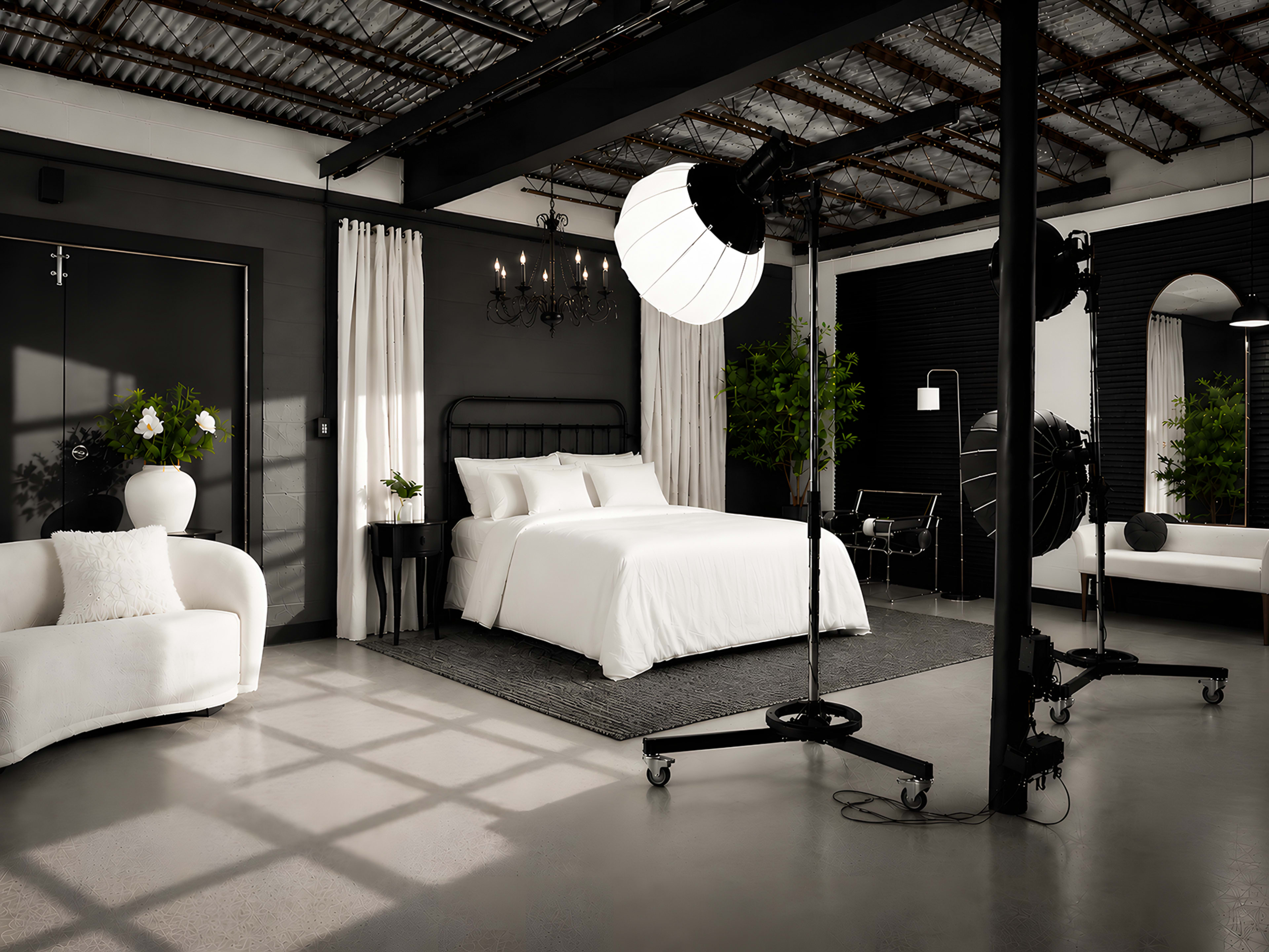 The image shows a modern bedroom with a black and white color scheme, featuring a bed, a white sofa, and large curtains, illuminated by soft lighting.