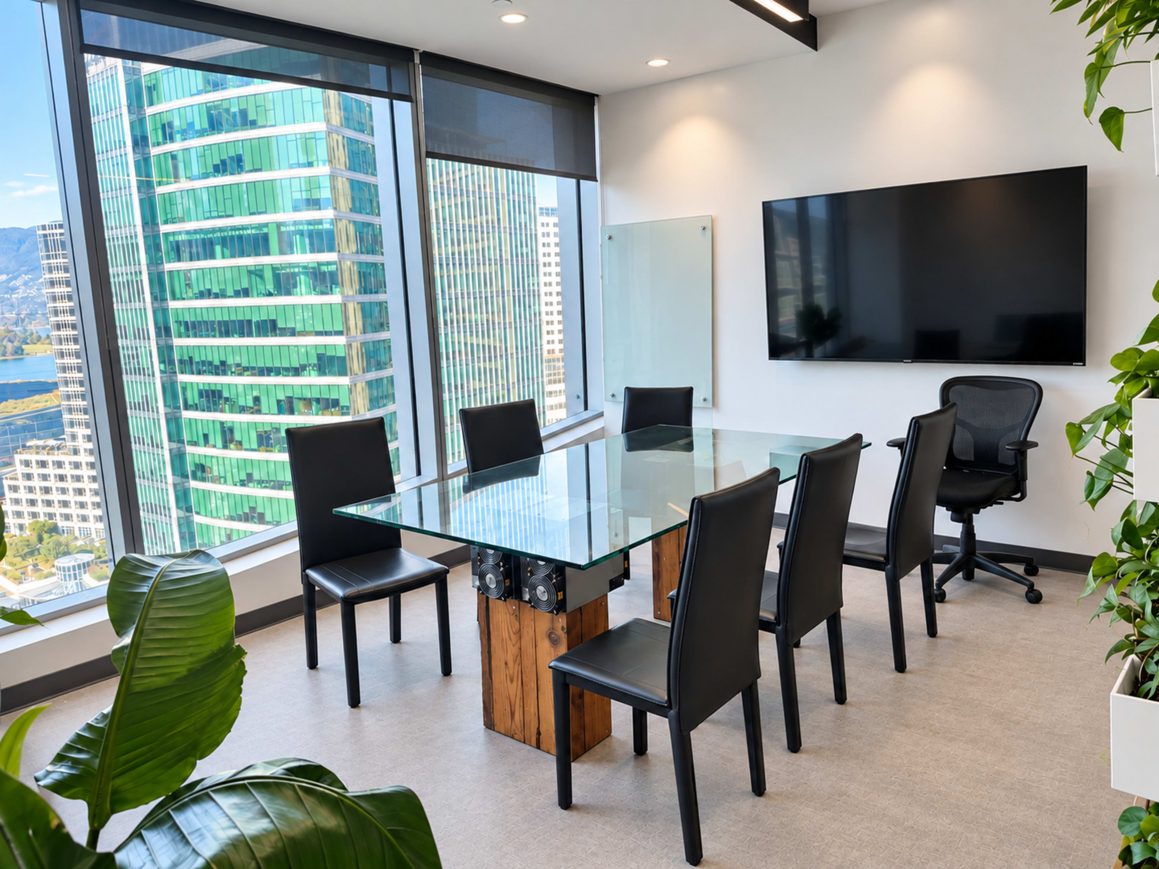 A modern conference room features a glass table surrounded by black chairs, with large windows showing a view of green skyscrapers.