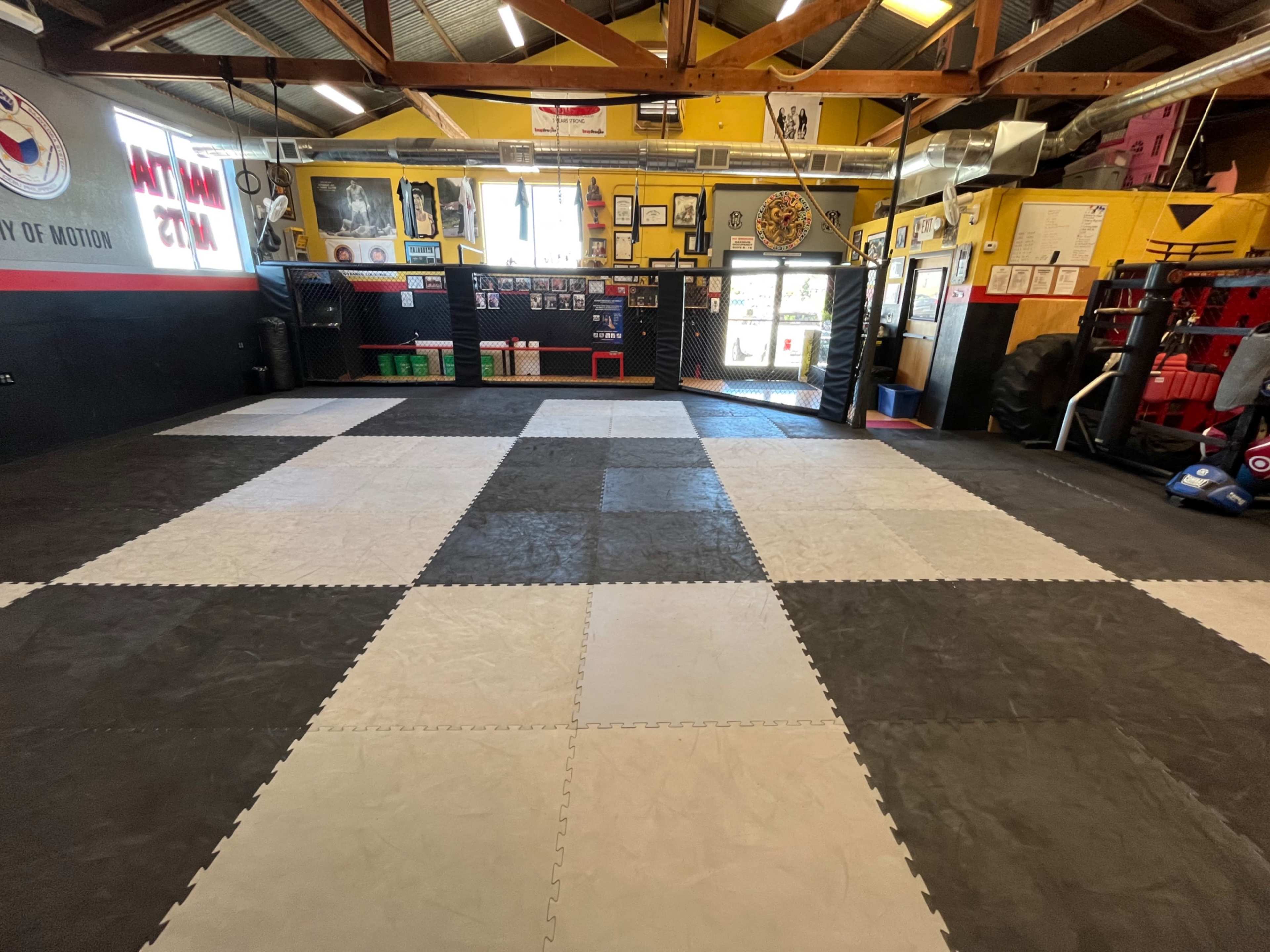 The image shows a spacious martial arts training room with a checkered black and white floor, surrounded by various training equipment and décor on the walls.