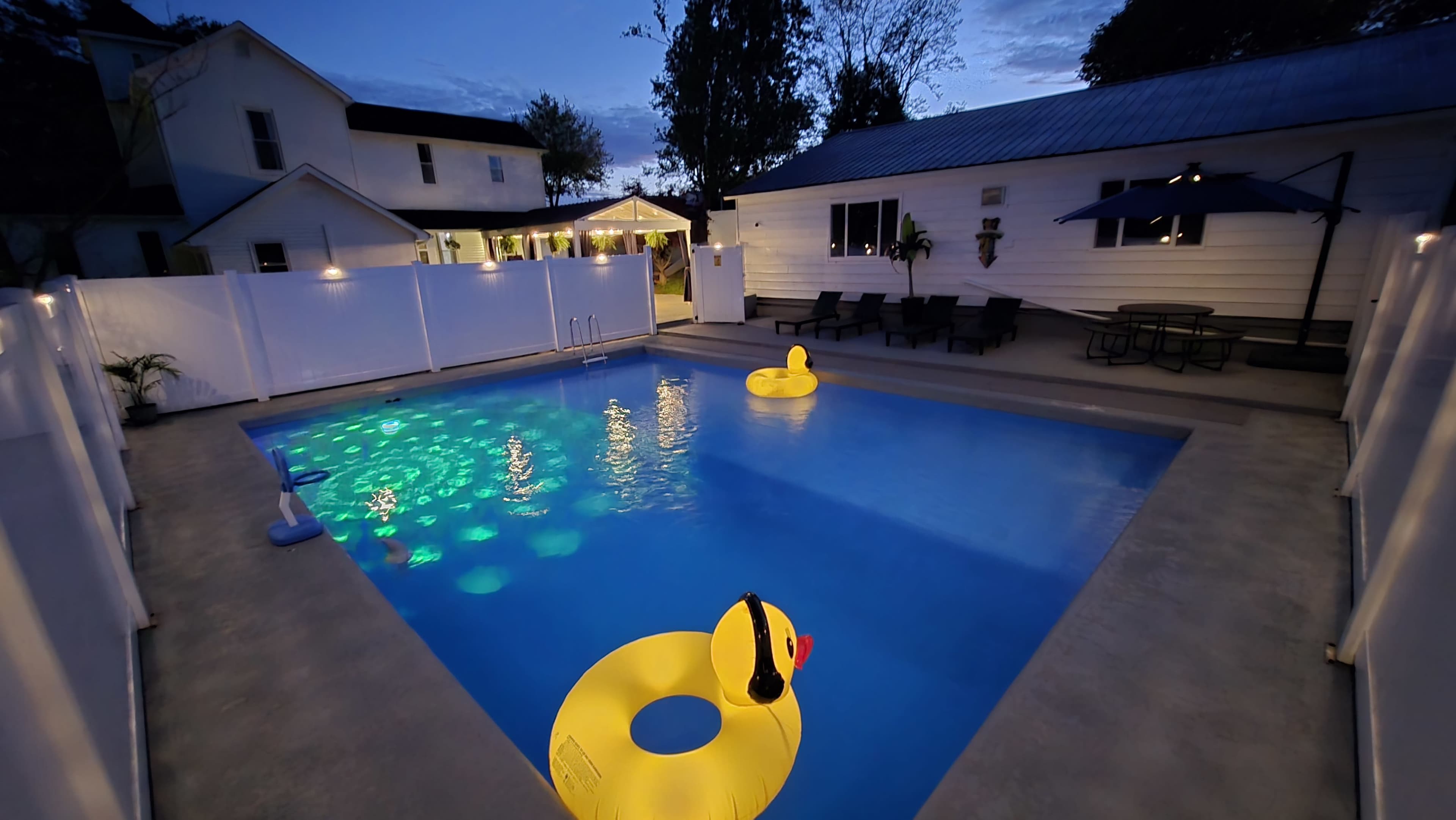 The scene shows a residential backyard swimming pool at dusk with two yellow rubber duck floaties and illuminated water.