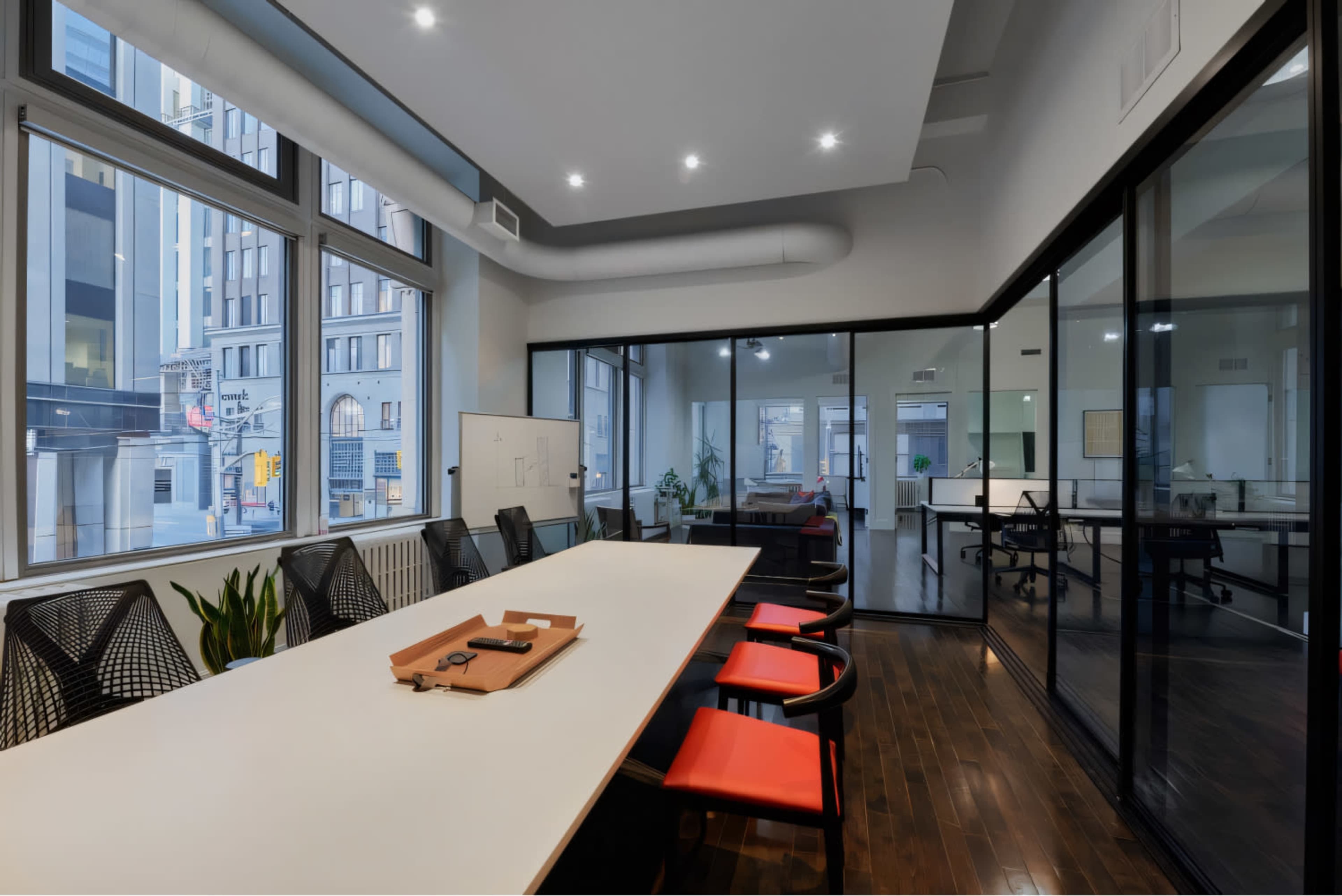A modern conference room with a large white table, black chairs, and floor-to-ceiling windows showing a cityscape.