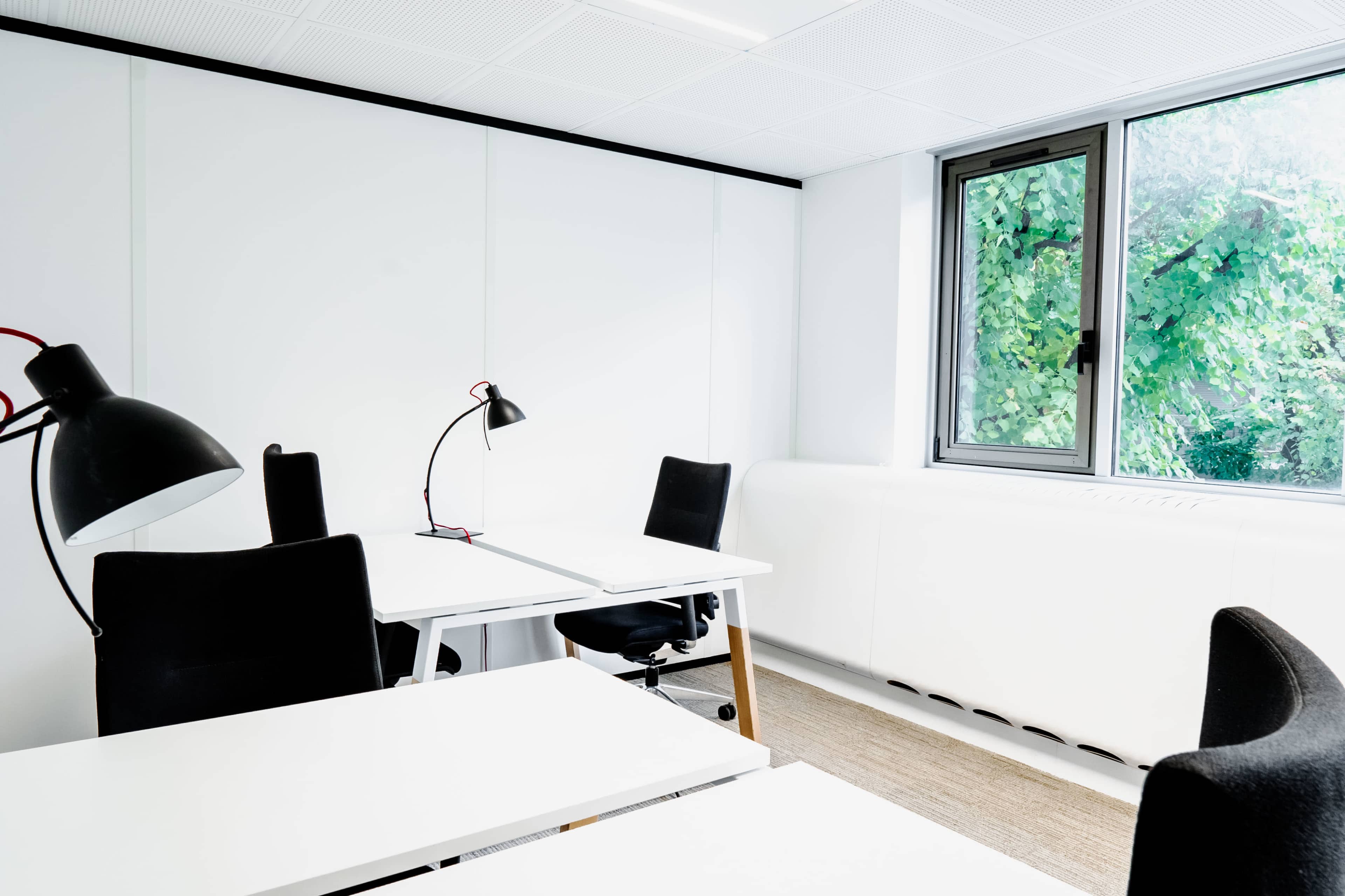 The image shows a modern office space with white walls, two desks equipped with black lamps, and a window overlooking greenery.