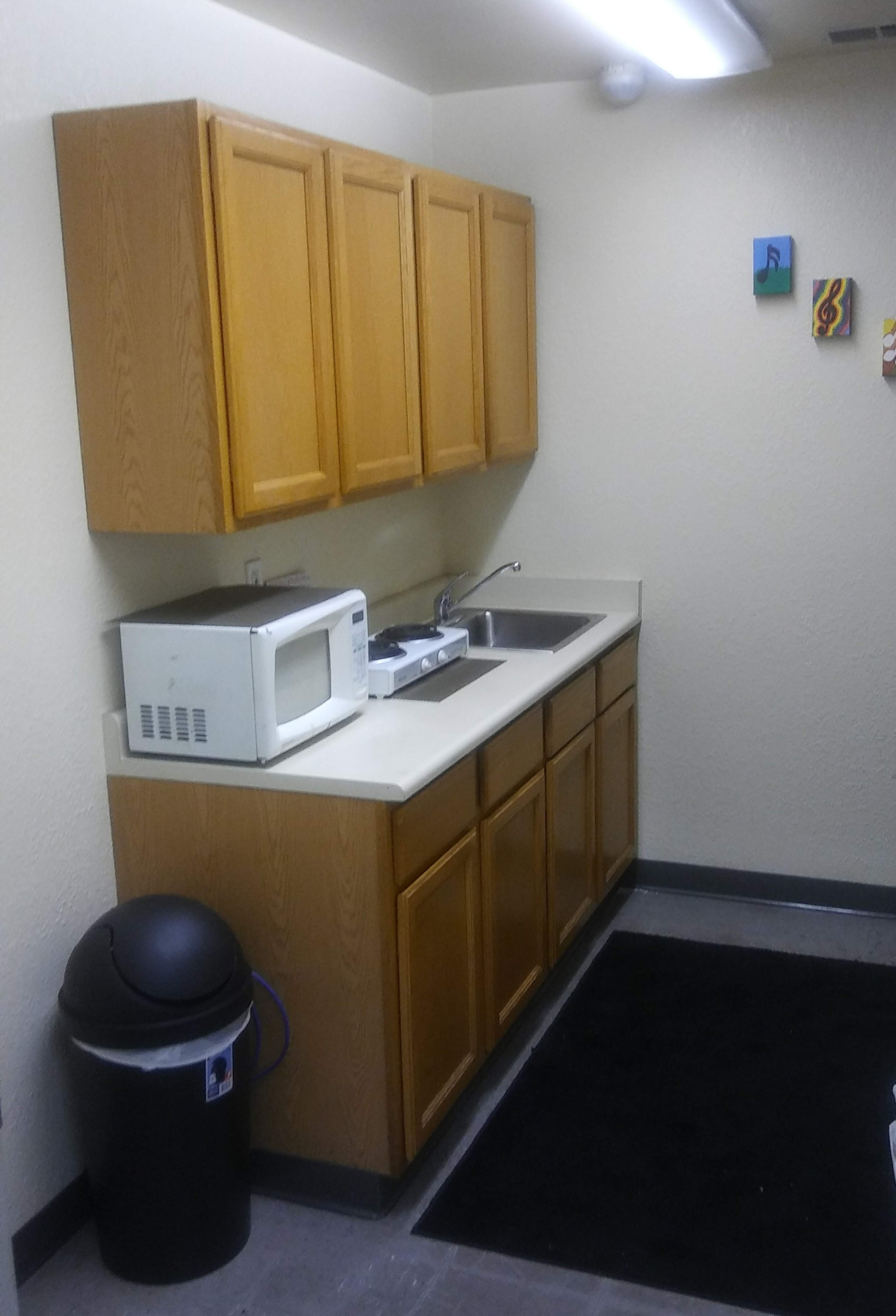 A small kitchen area with light brown cabinets, a sink, a microwave, a trash can, and a black rug on the floor.