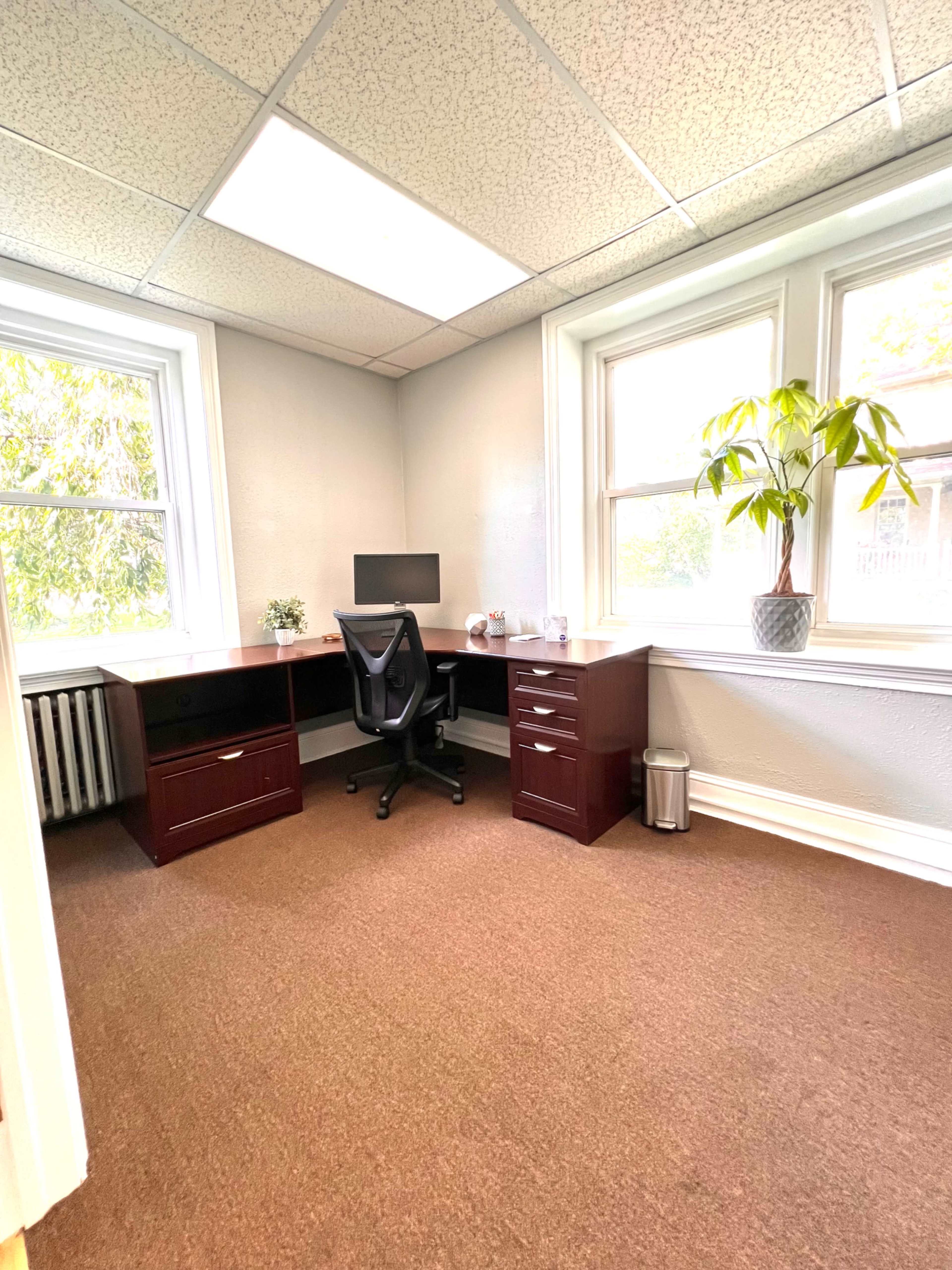 A small office space features a desk with a computer, a chair, and a potted plant next to a window with natural light.