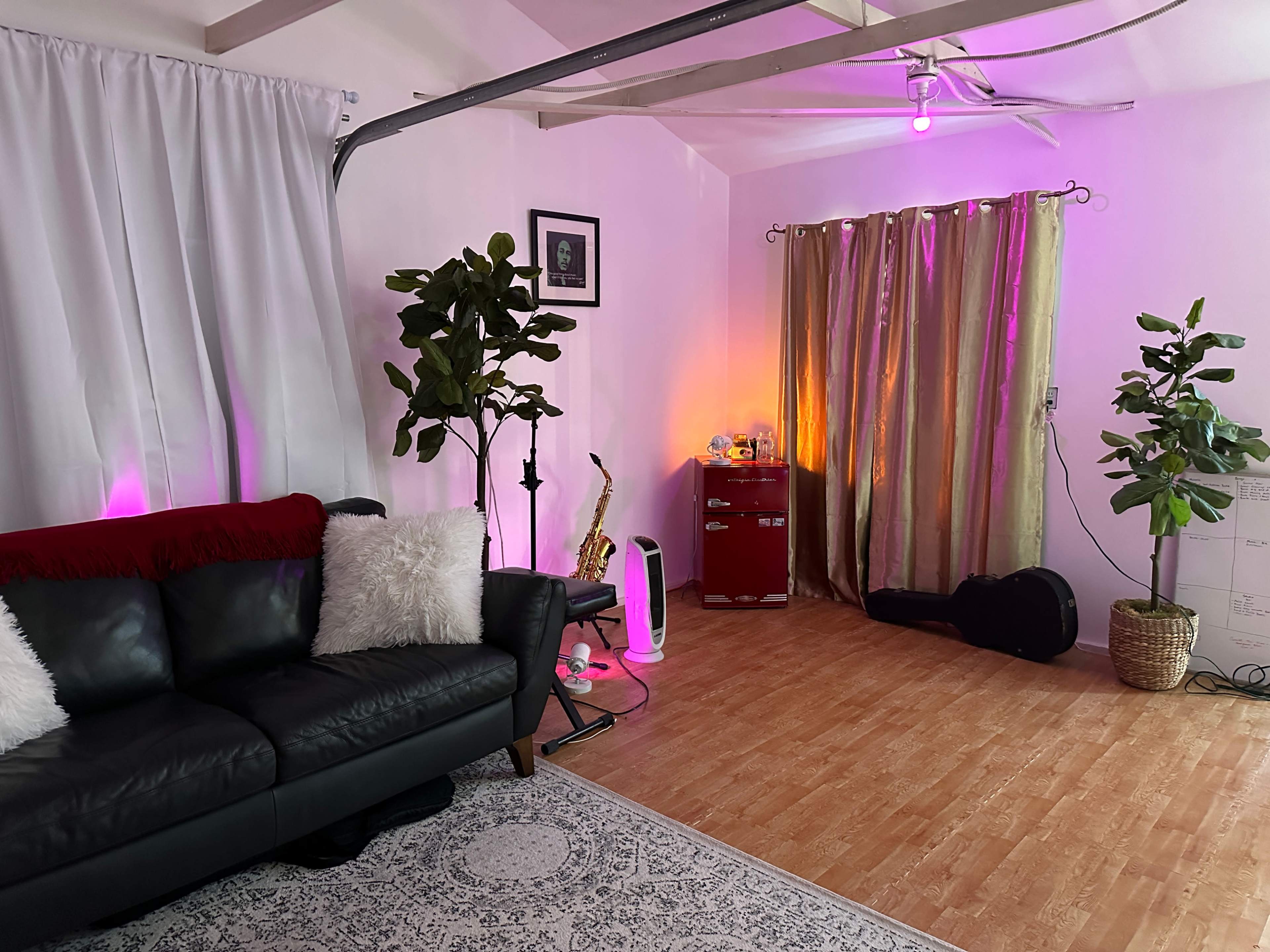 A modern living space features a black leather sofa, potted plants, a saxophone, and a red cabinet, illuminated by colored lights.