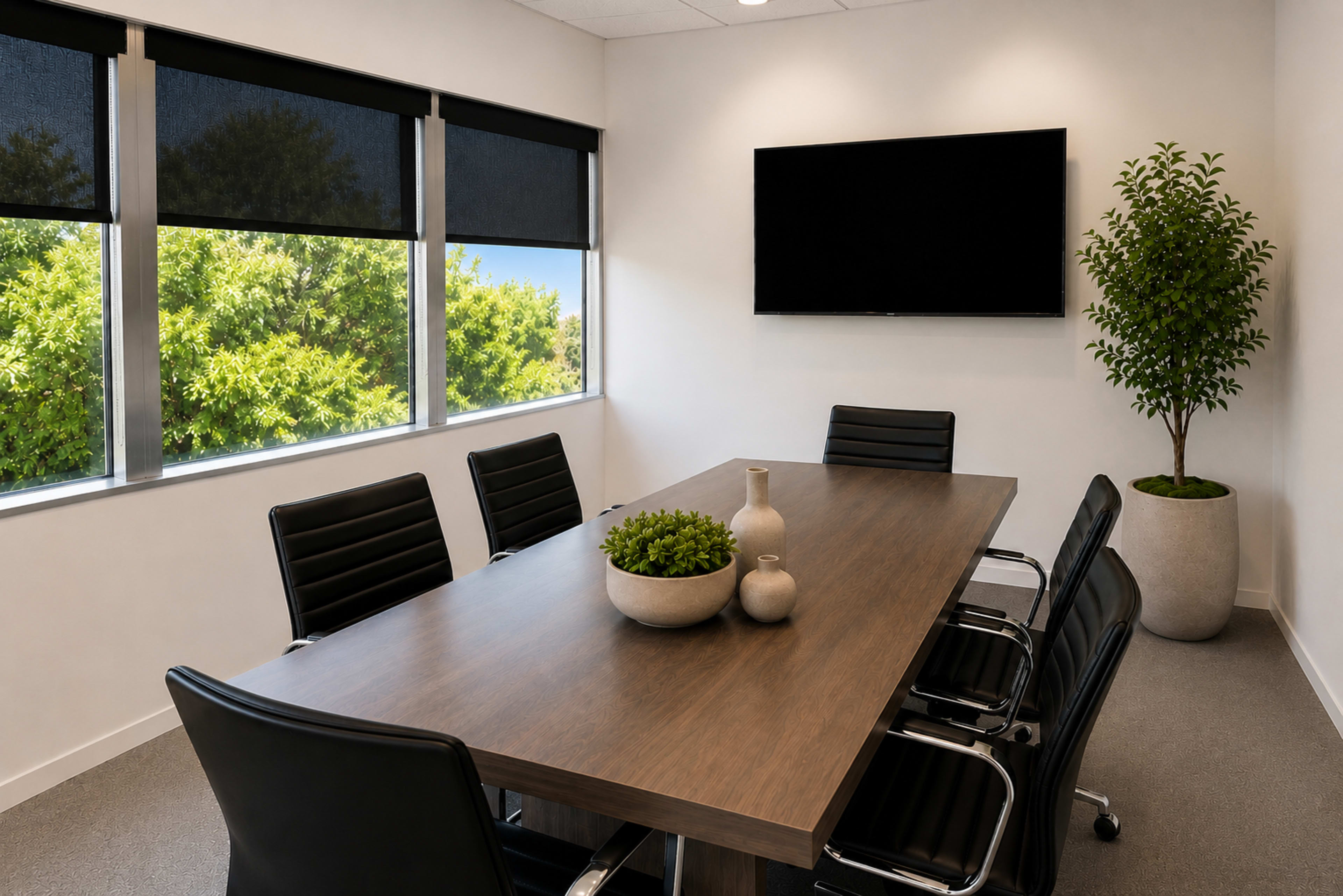 The image shows a modern conference room with a wooden table, black chairs, a large television on the wall, and windows featuring greenery outside.