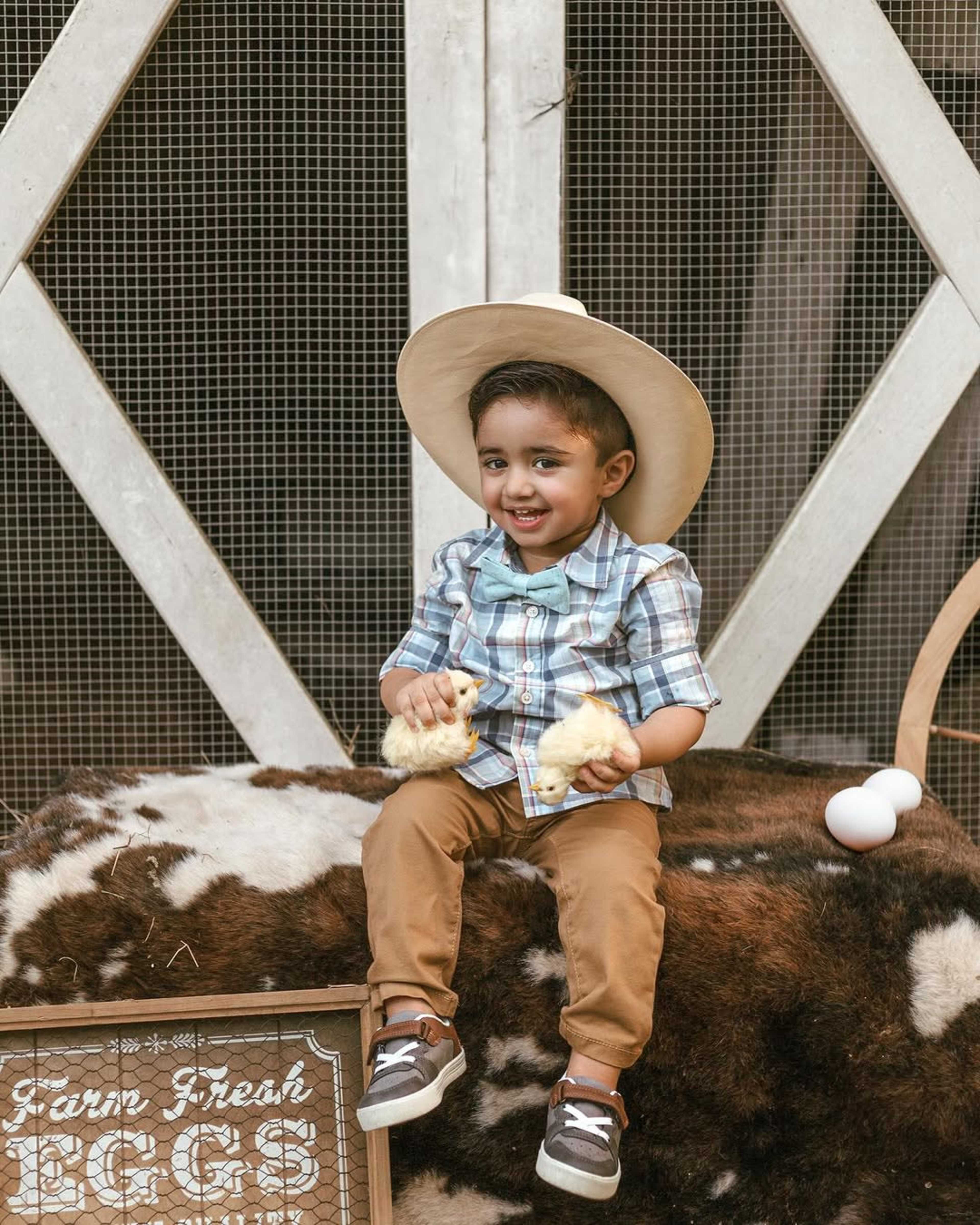 A young child wearing a large hat sits on a cowhide rug, holding yellow chicks while smiling in front of a sign that reads "Farm Fresh Eggs."