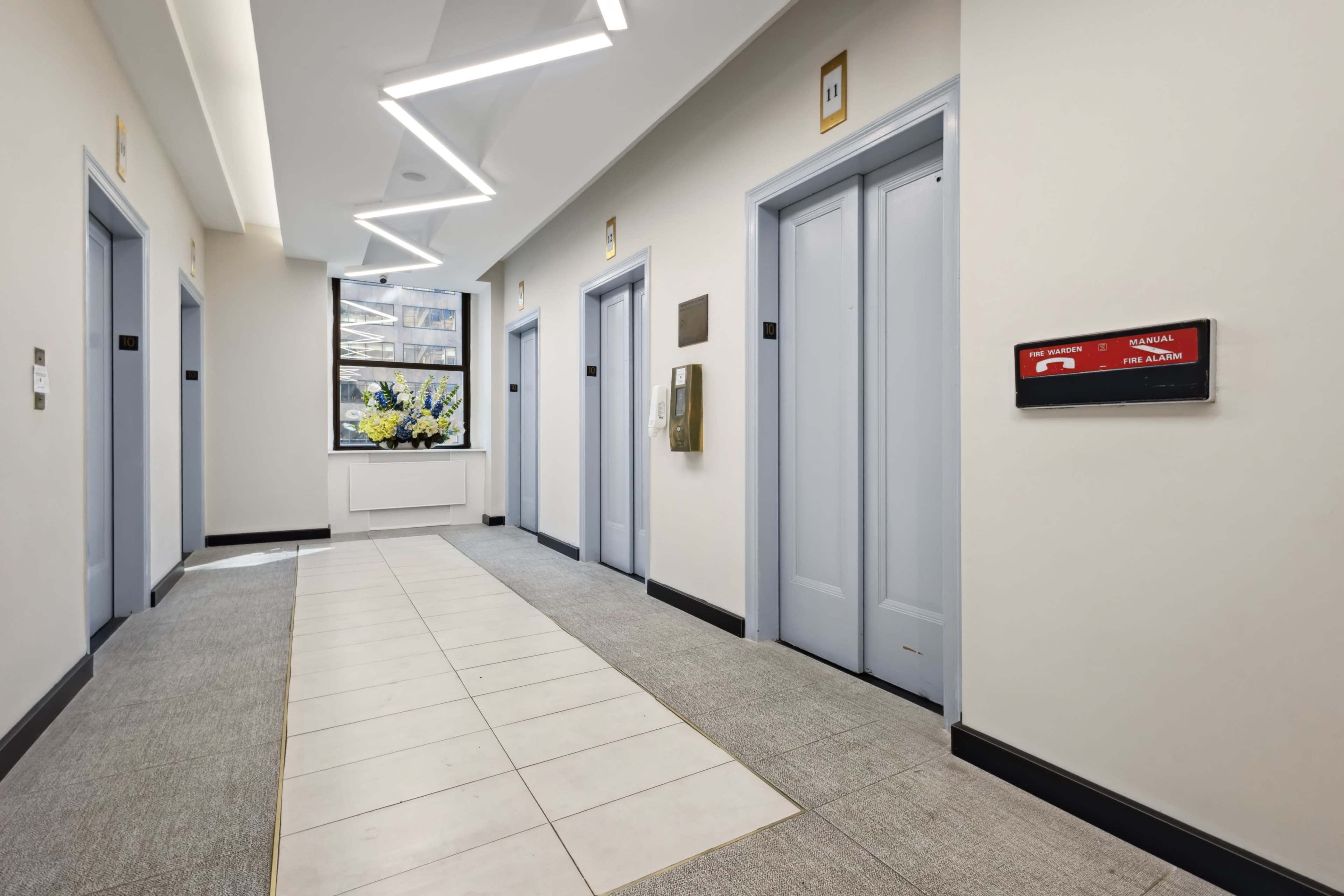 A hallway features four elevator doors, a mail slot on the right, and a large window with greenery visible outside.
