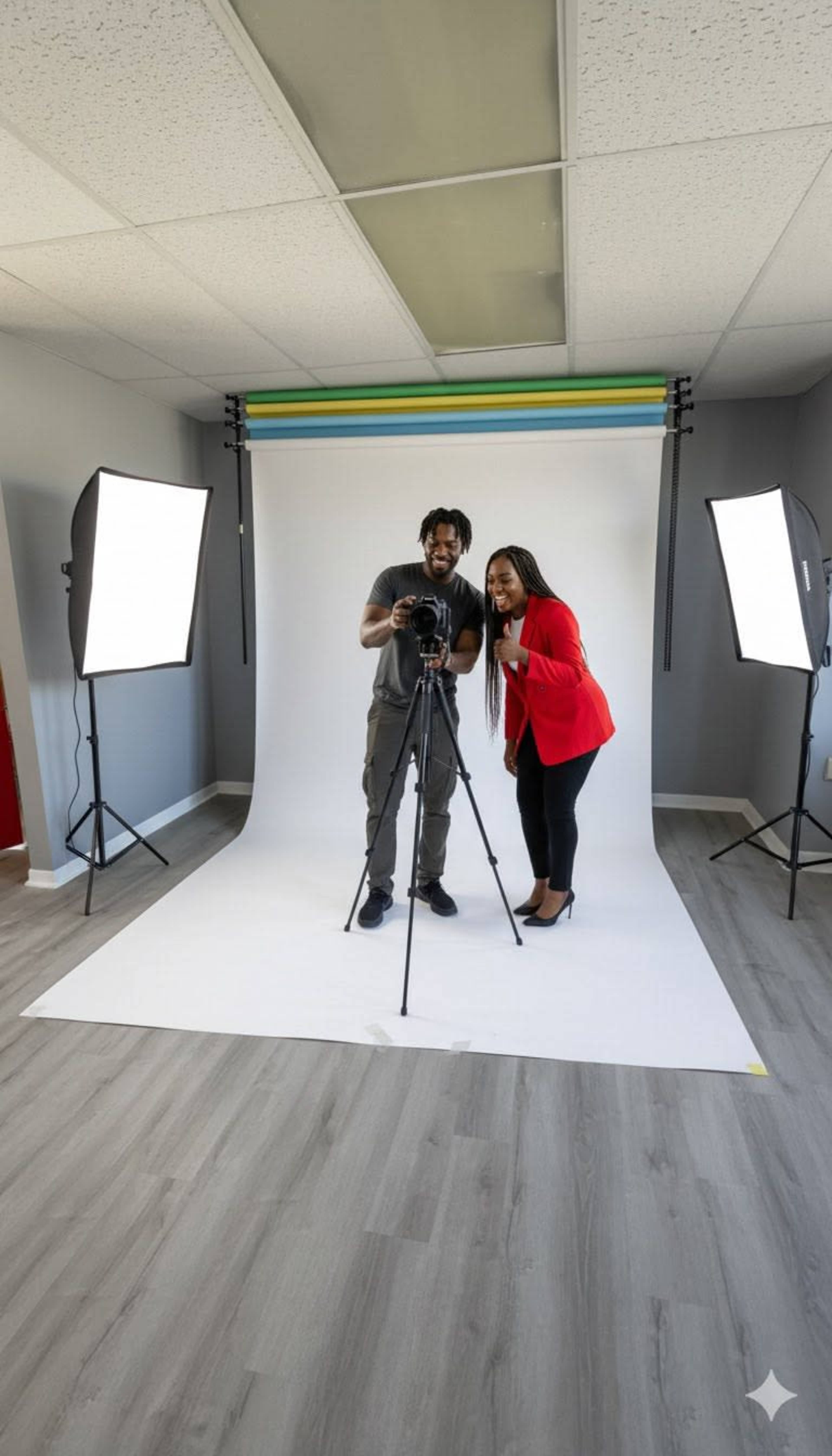 A man and a woman are in a photography studio, looking at a camera set on a tripod in front of a backdrop with studio lights positioned on either side.