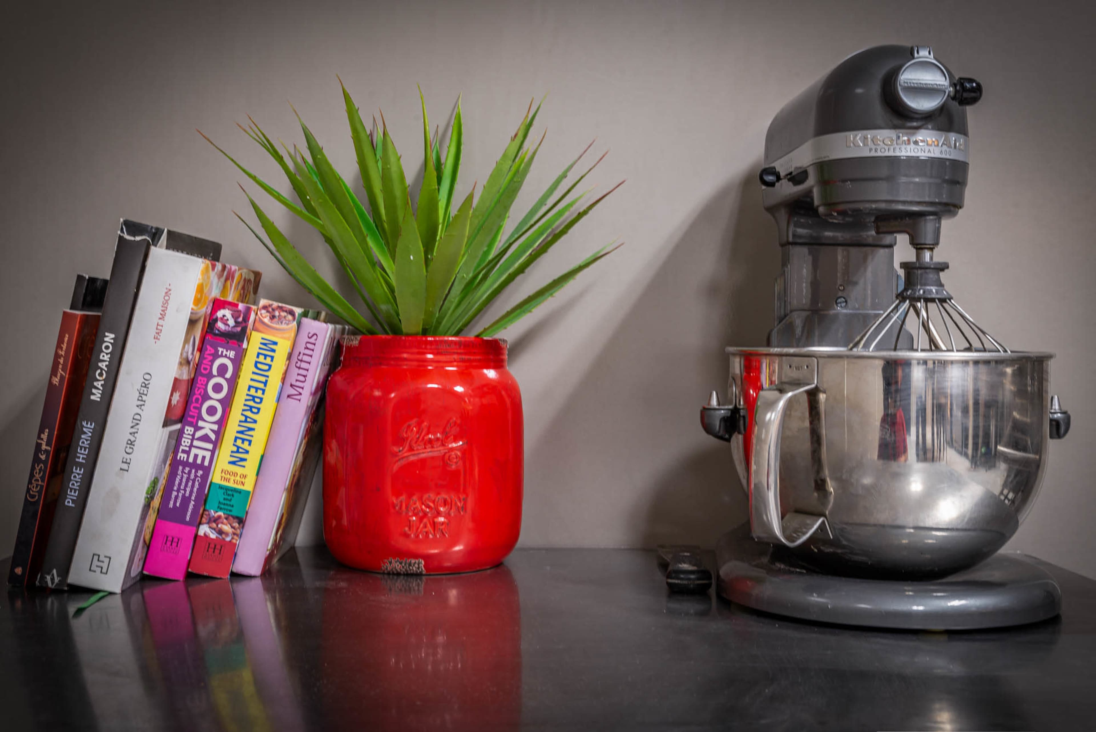 A silver stand mixer sits next to a red mason jar filled with a plant, alongside a stack of cookbooks.