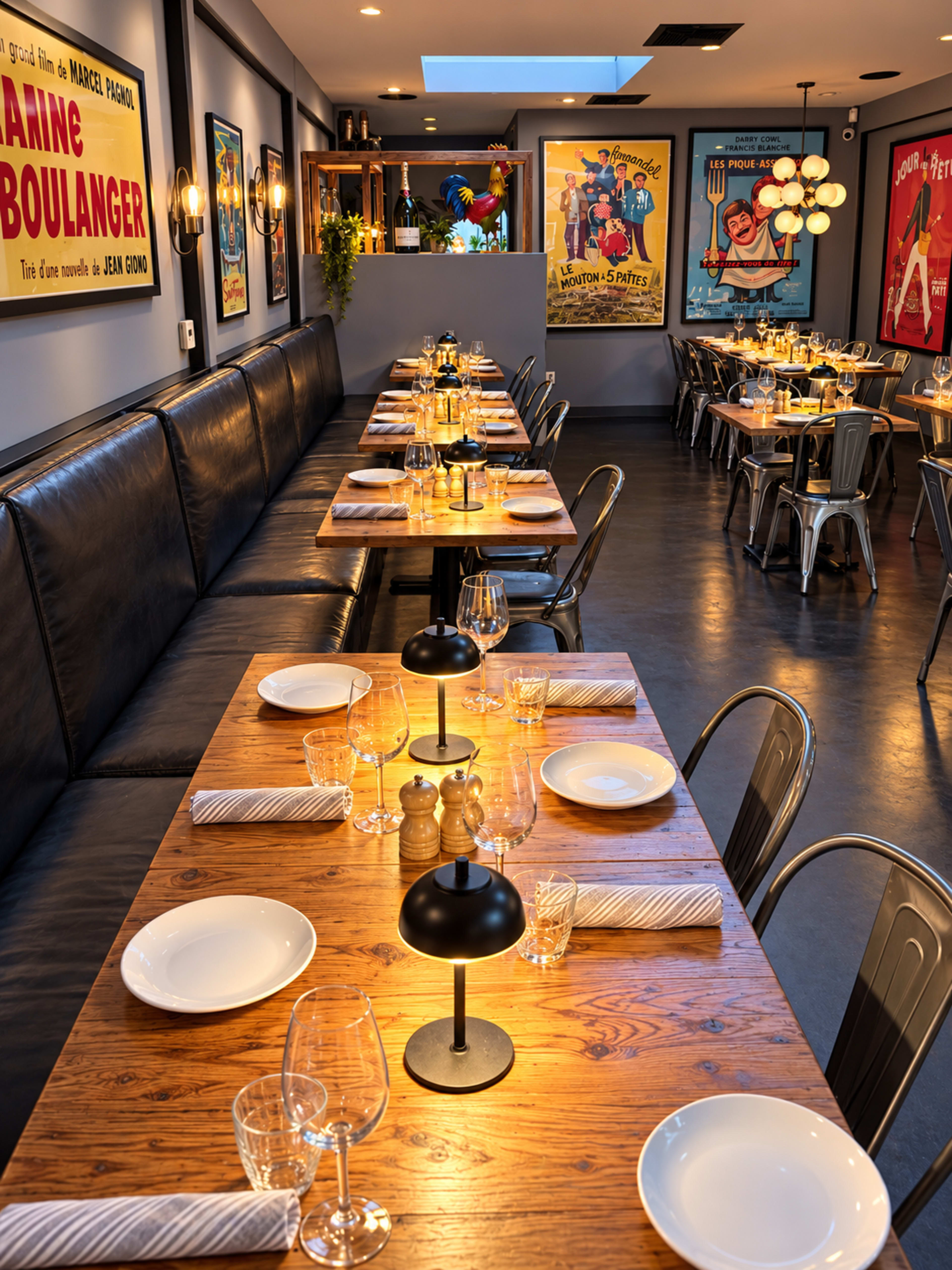 The image shows a restaurant interior with long wooden tables set for dining, featuring dim lighting and colorful vintage posters on the walls.
