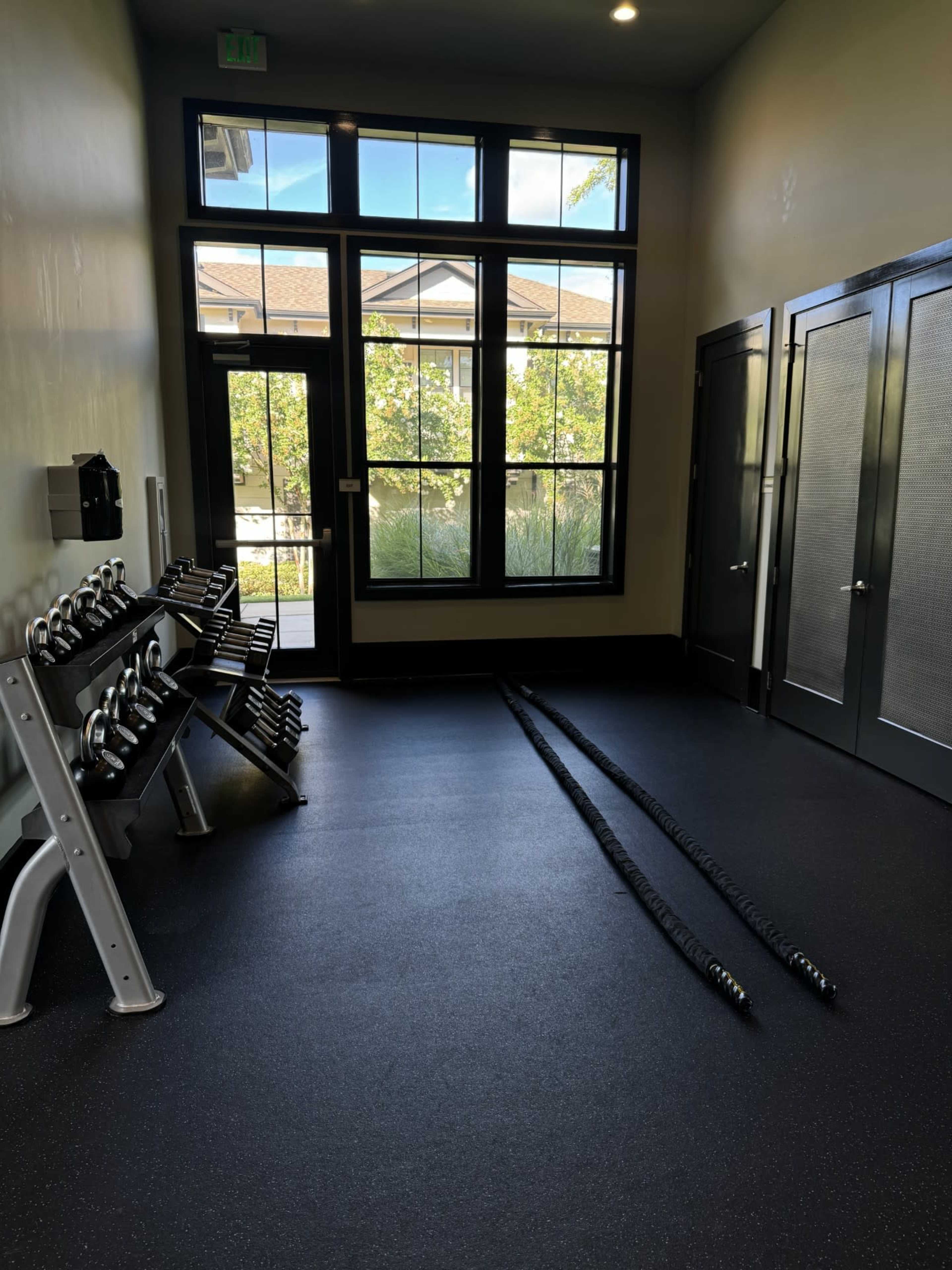 A fitness studio with a rack of dumbbells on one side and battle ropes laid out on the floor, illuminated by natural light from large windows.