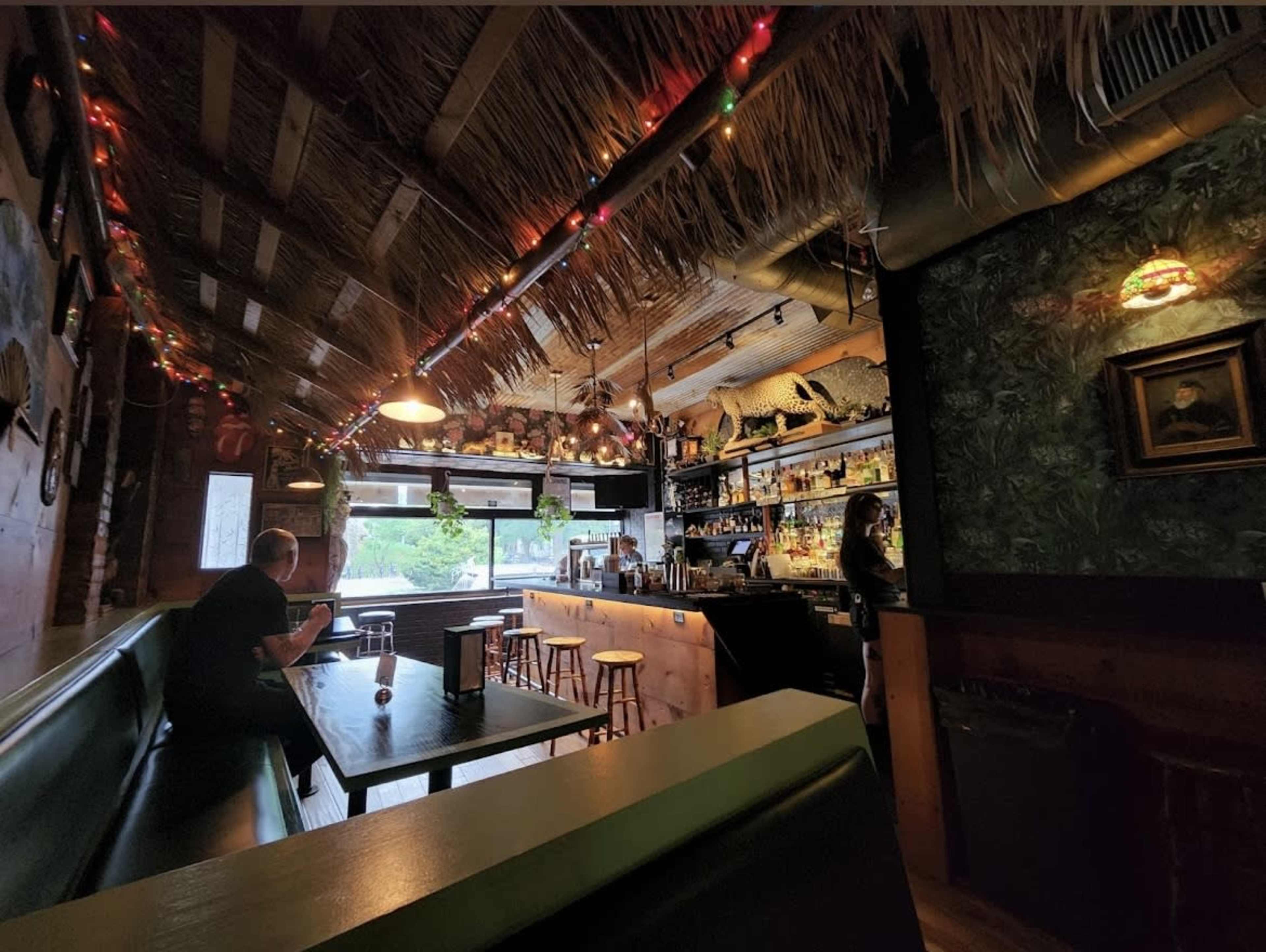 A dimly lit bar with thatched ceiling decorations, colorful lights, and a person sitting at a booth near the entrance.