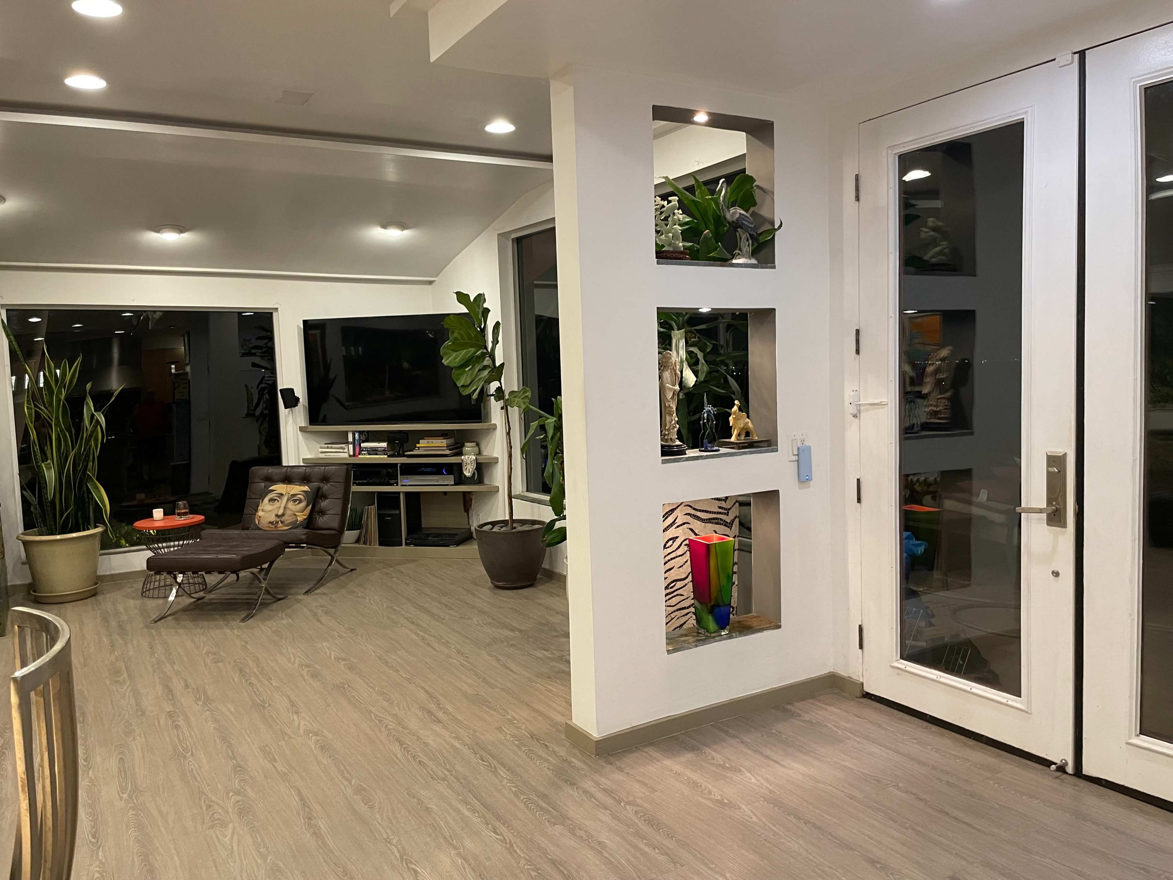 A modern living space featuring a large glass door, wooden flooring, and plants arranged throughout the room.