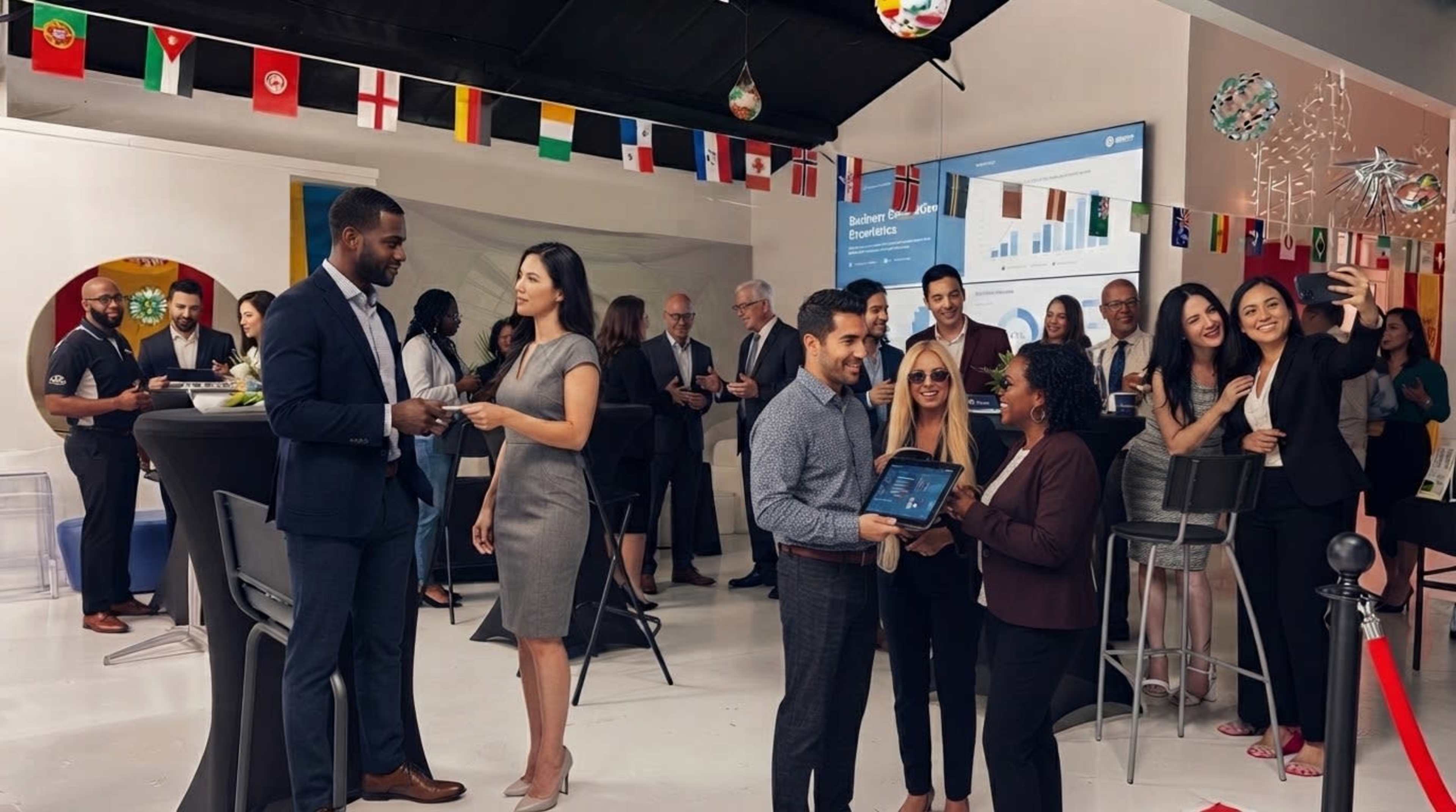 A diverse group of people engages in networking and discussions in a modern event space decorated with international flags.
