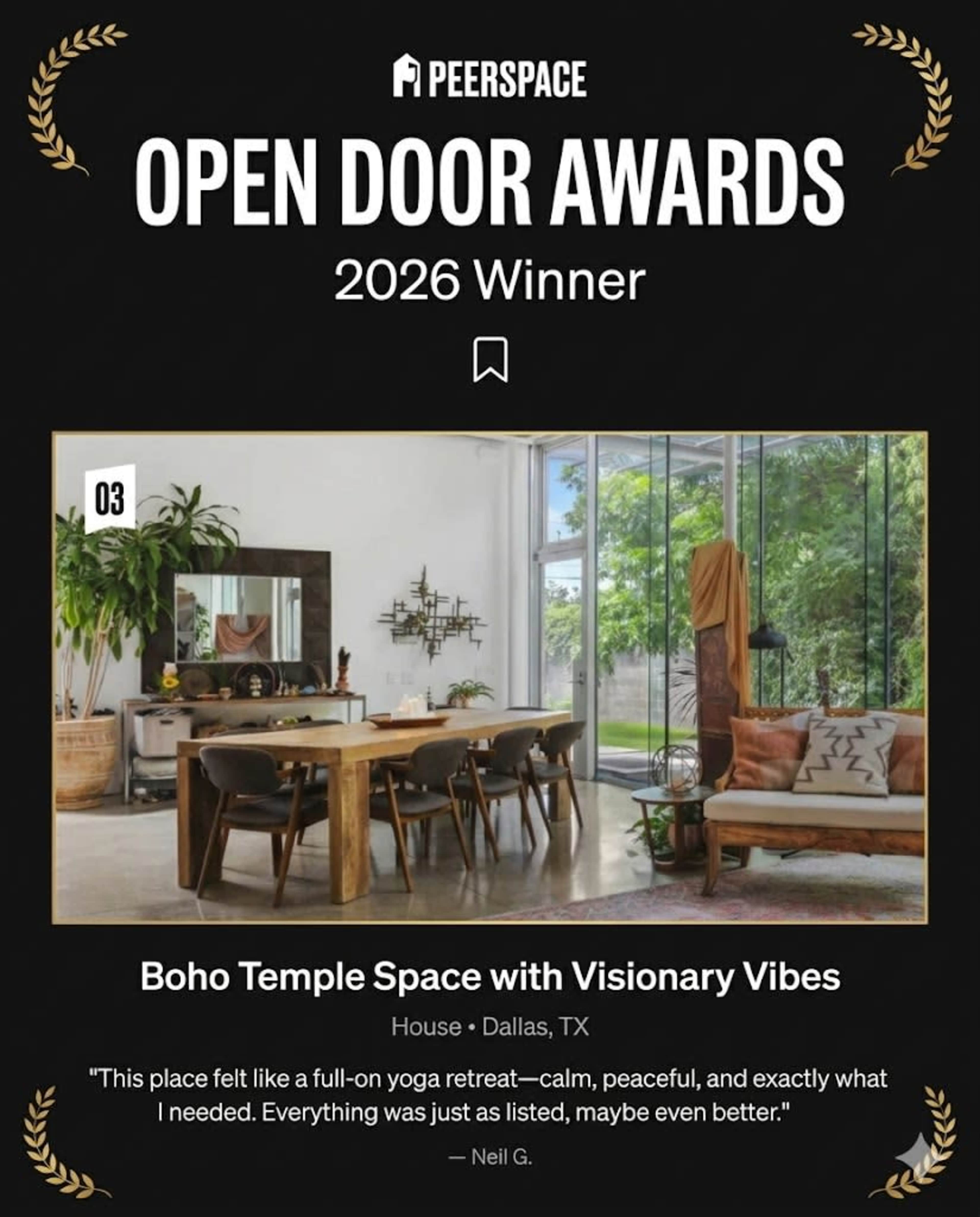The image showcases a spacious, well-lit interior featuring a dining table and plants, with large windows offering a view of greenery outside.