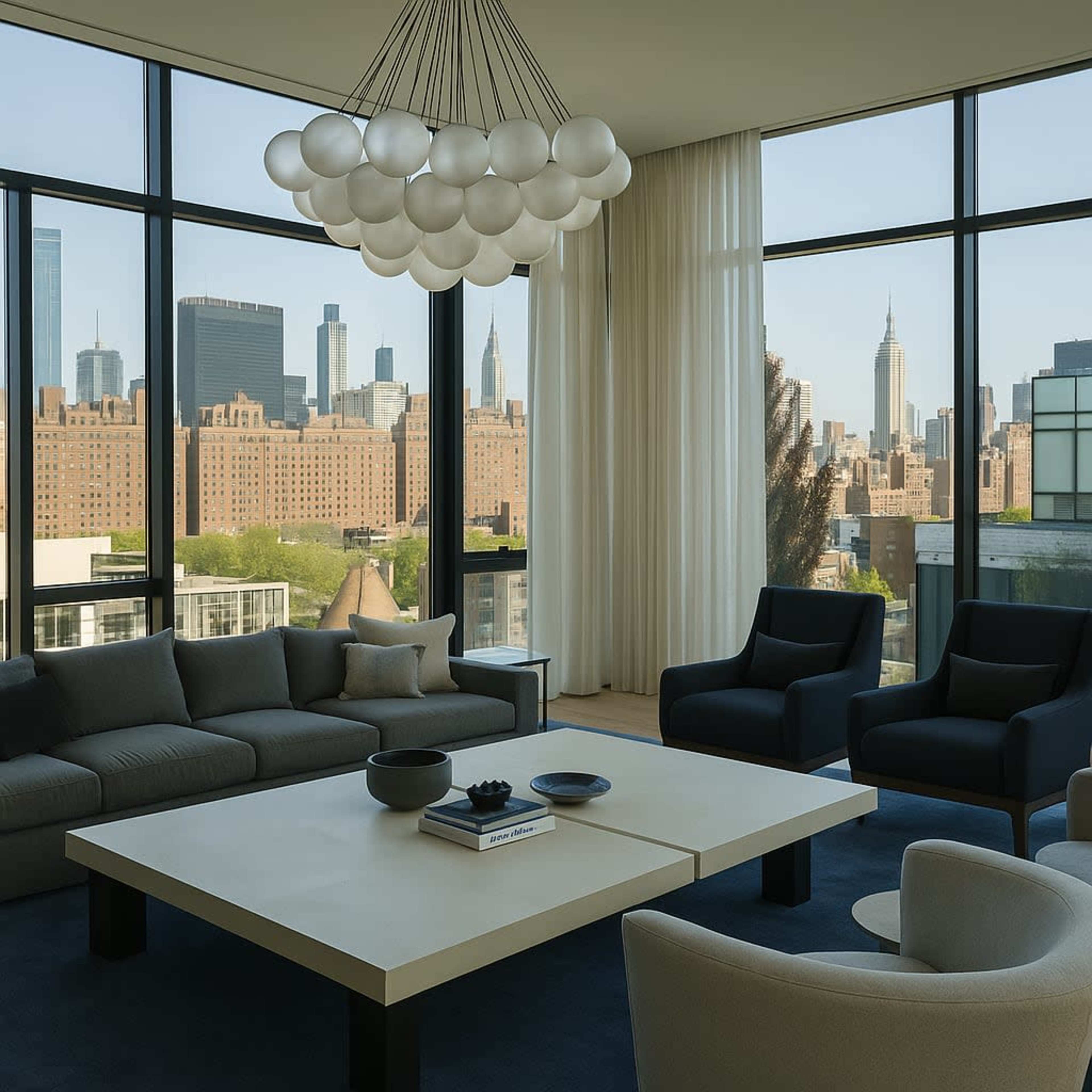 A modern living room features a large coffee table with a minimalist design, surrounded by gray sofas and armchairs, with expansive windows showcasing a view of the New York City skyline.