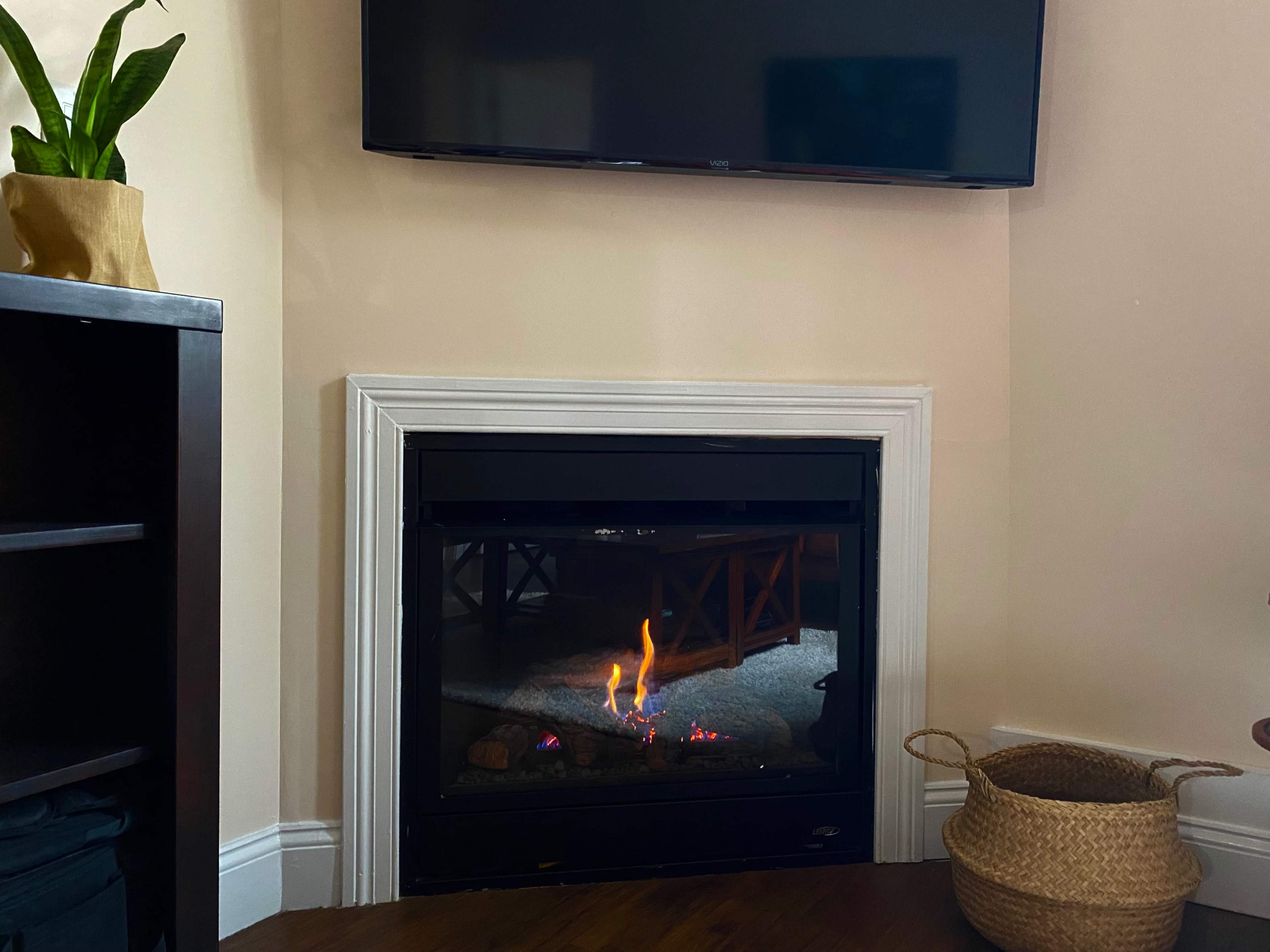 A modern gas fireplace is installed in the corner of a room, with a flat-screen television mounted above it and a plant on a shelf nearby.