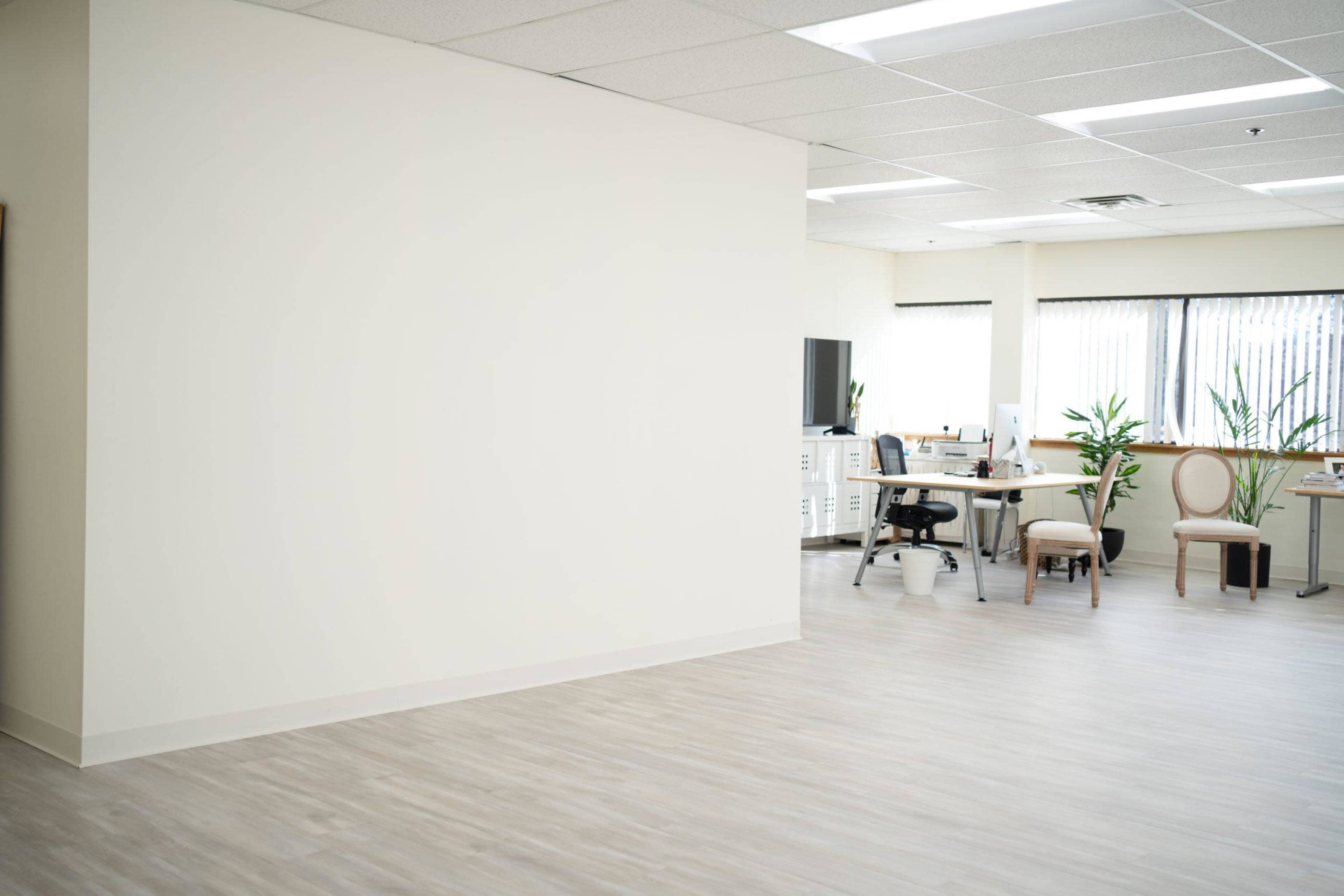 An empty office space features a light-colored wall and a work area with desks and plants in the background.