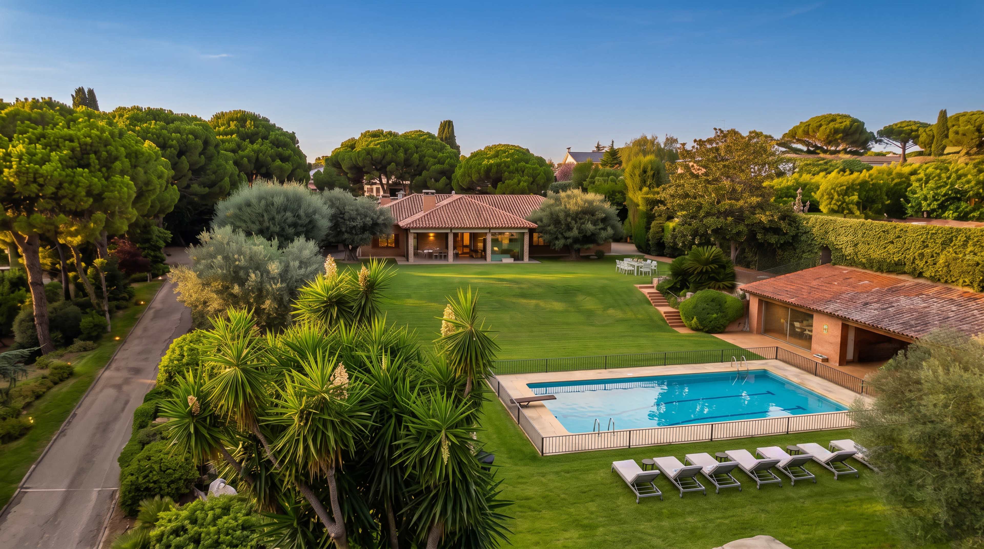 The image shows a spacious residential property with a swimming pool, surrounded by lush greenery and tall trees.