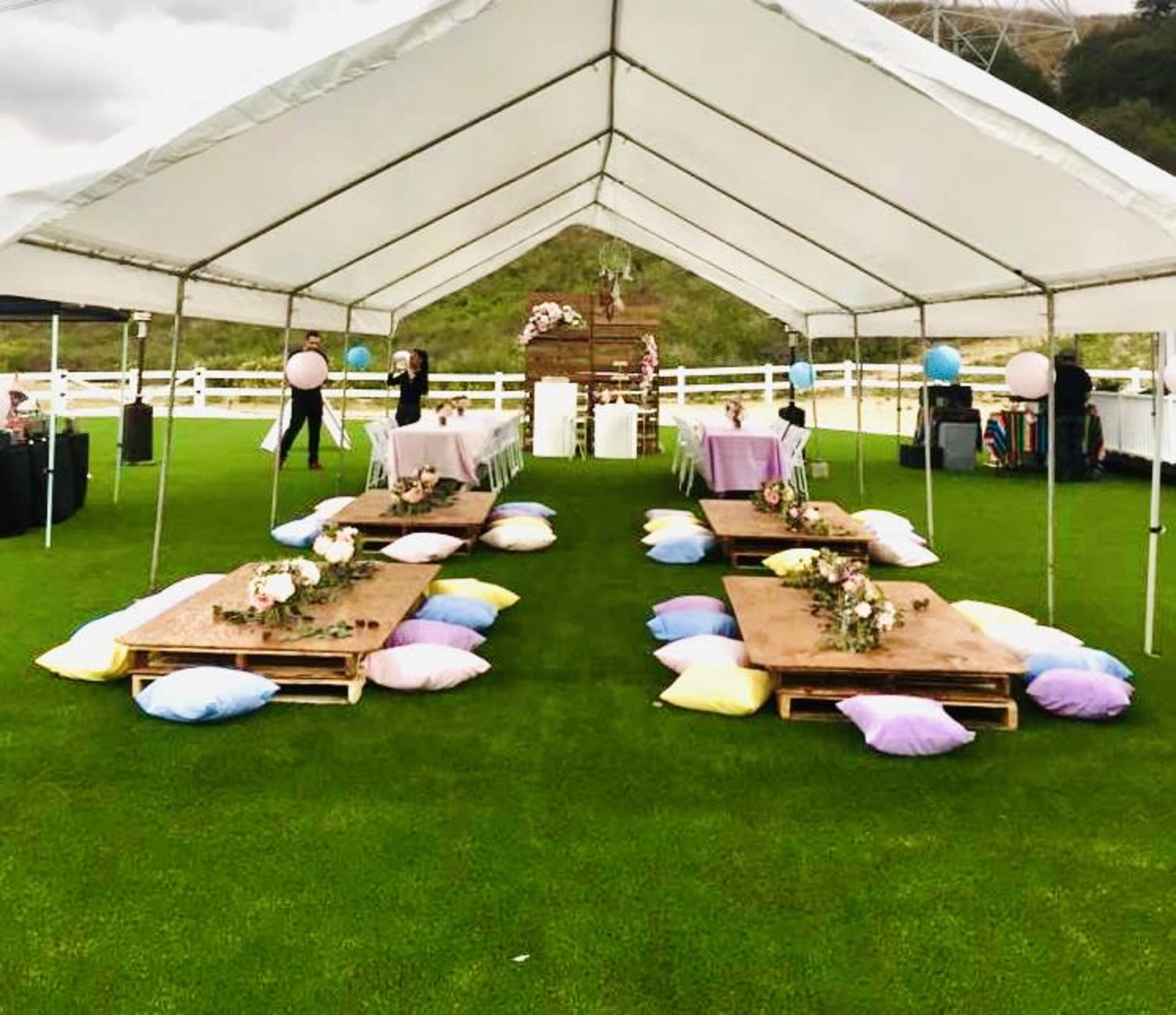 A tented outdoor area features wooden tables adorned with flowers and colorful pillows arranged on the green grass for seating.