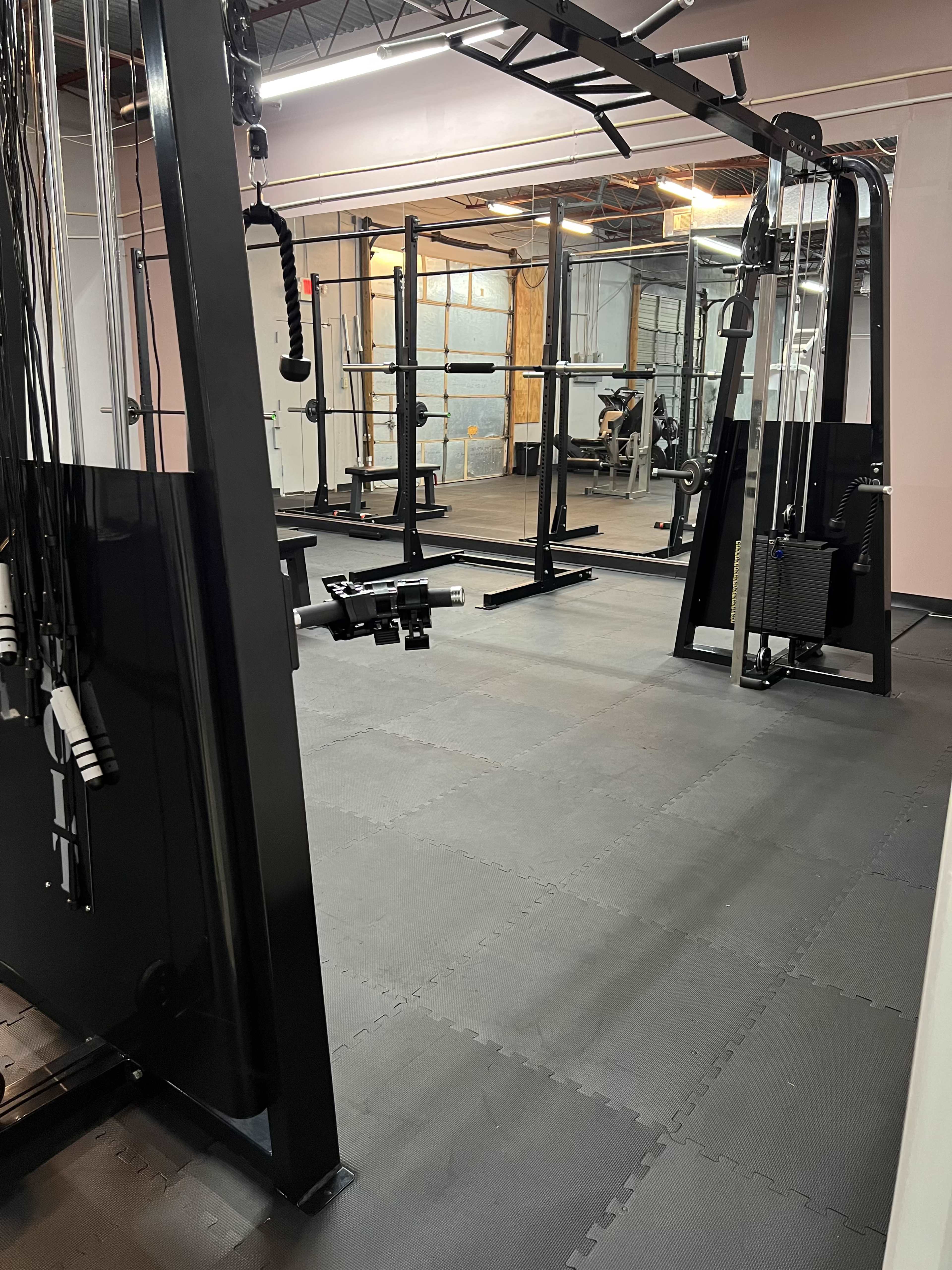 A modern gym space with various strength training equipment and exercise machines arranged in a well-lit area.