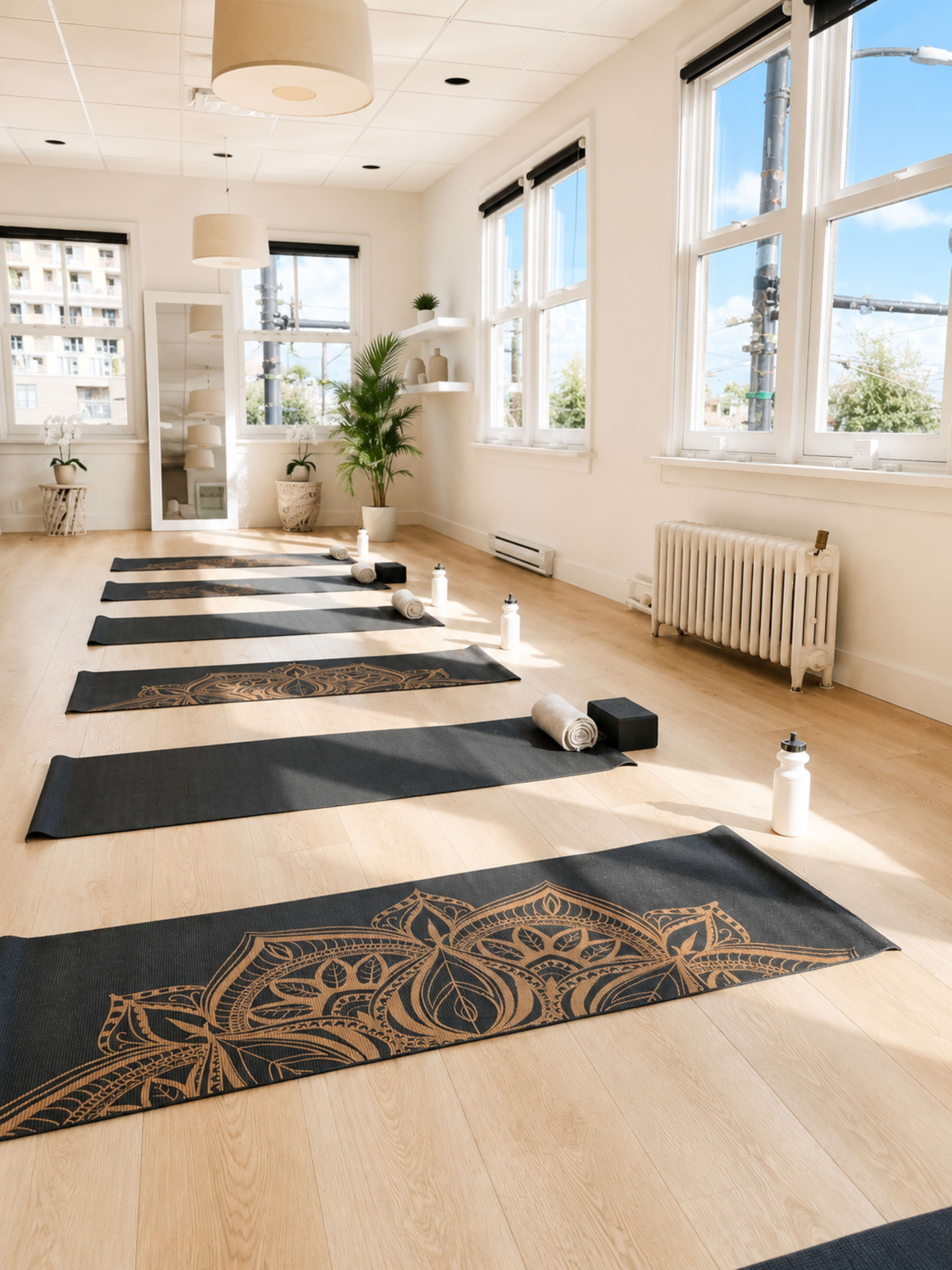 The image shows a bright and spacious yoga studio with several yoga mats arranged in rows, water bottles, blocks, and towels placed on each mat.
