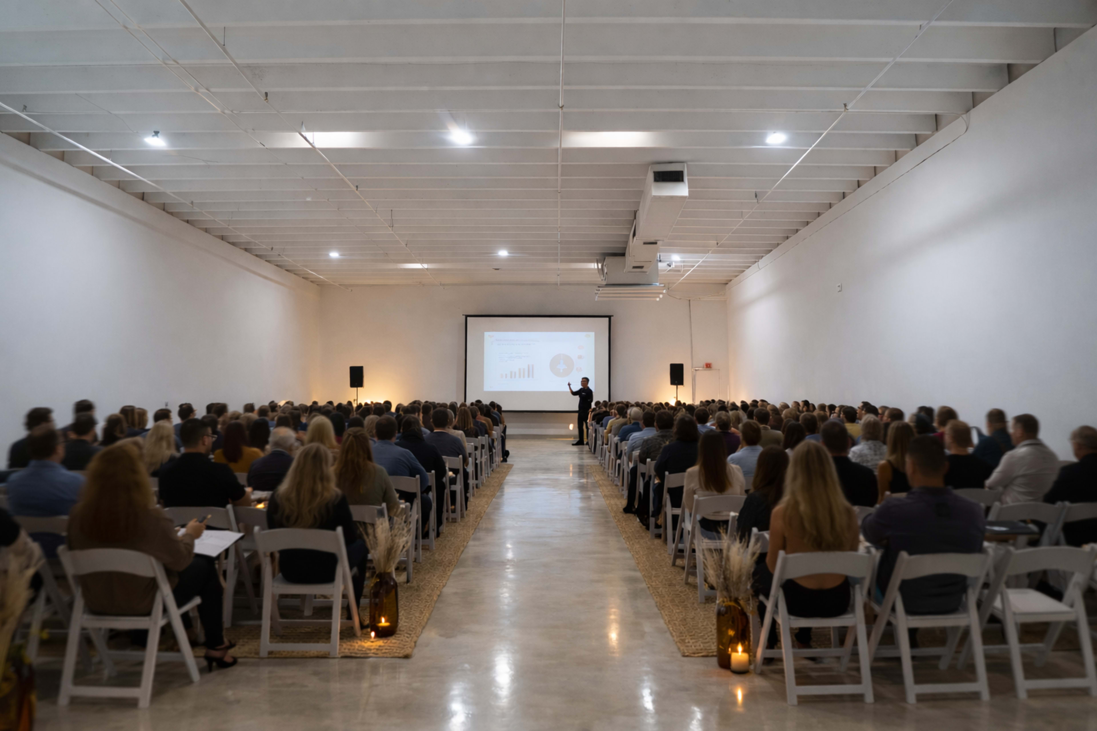 A large audience is seated in a spacious conference room, facing a presenter in front of a screen displaying graphs and data.
