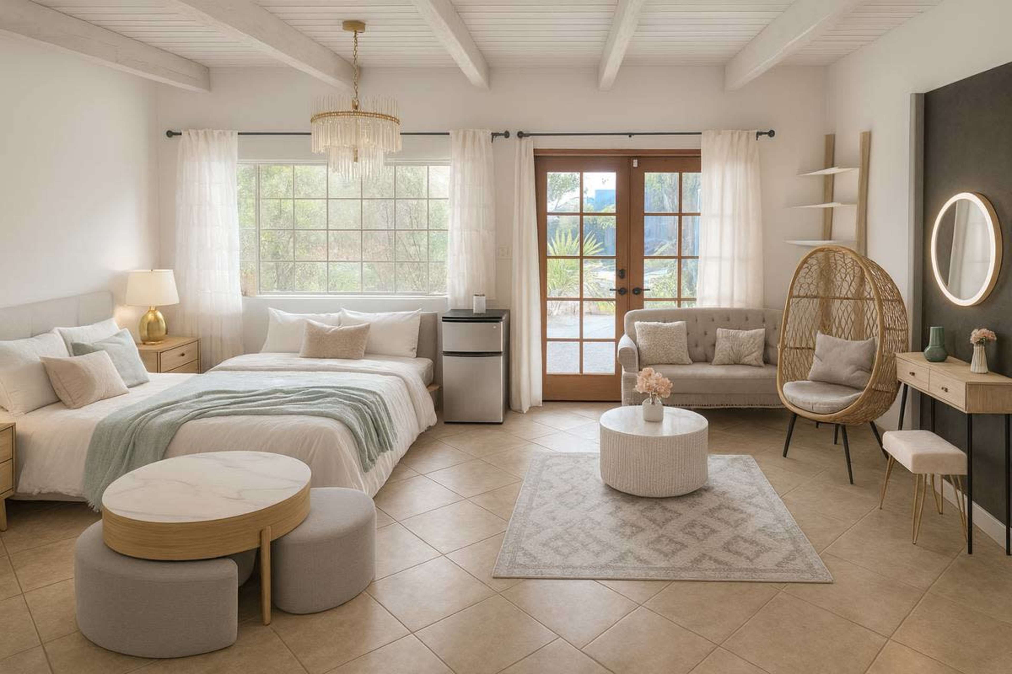 The image shows a bright, modern bedroom with a double bed, a small seating area, and large windows revealing an outdoor view.