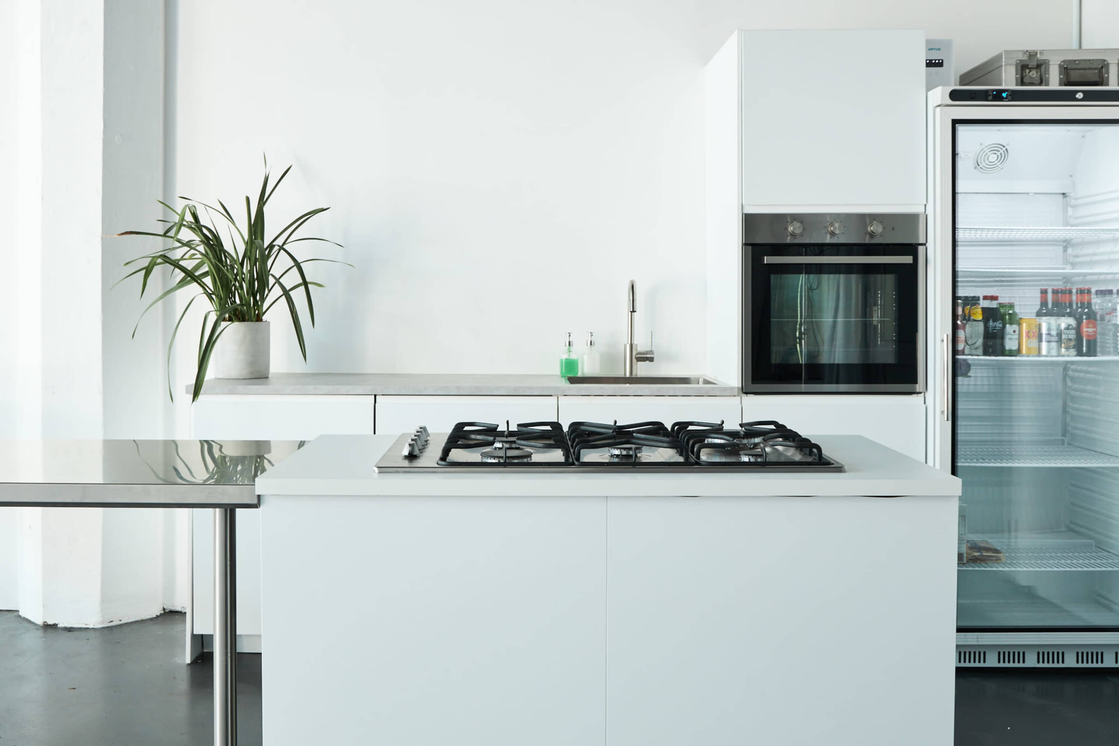 The image shows a modern kitchen with a gas stove island, a built-in oven, a refrigerator, and a potted plant on a countertop.