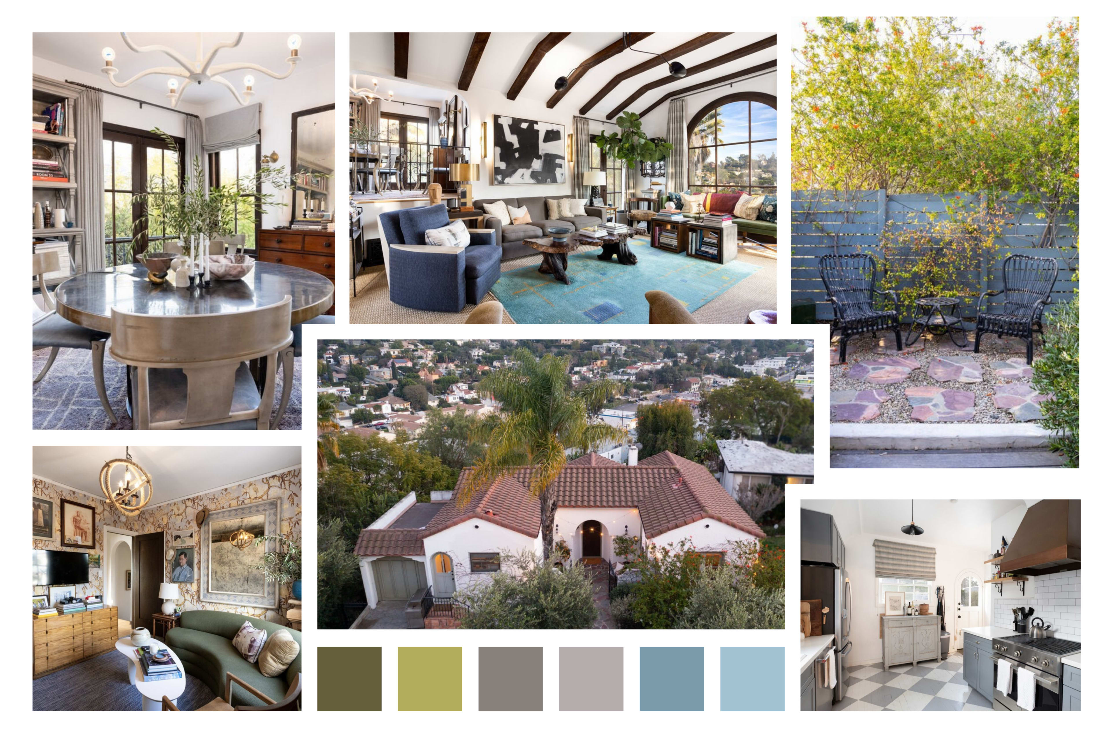 The image displays a collage of various interior and exterior home scenes, including living spaces, kitchens, and outdoor areas, showcasing different designs and color palettes.