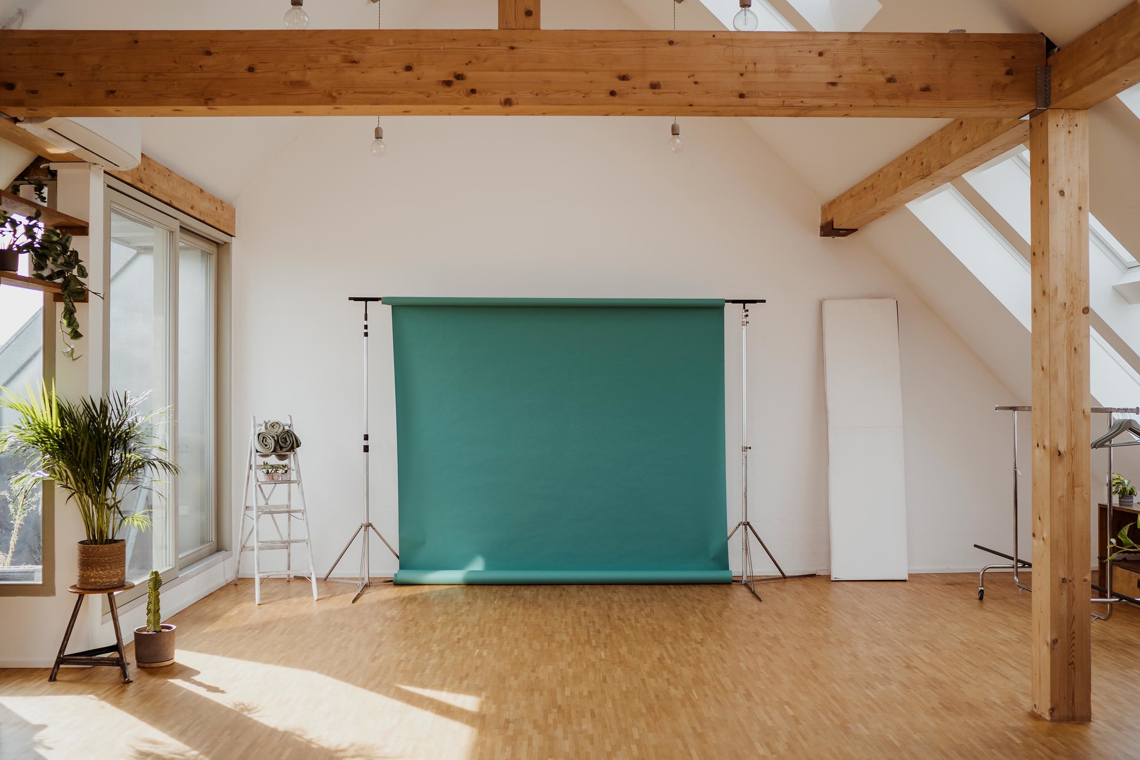 A bright, spacious room with wooden beams, featuring a turquoise backdrop on support stands and a few decorative plants.