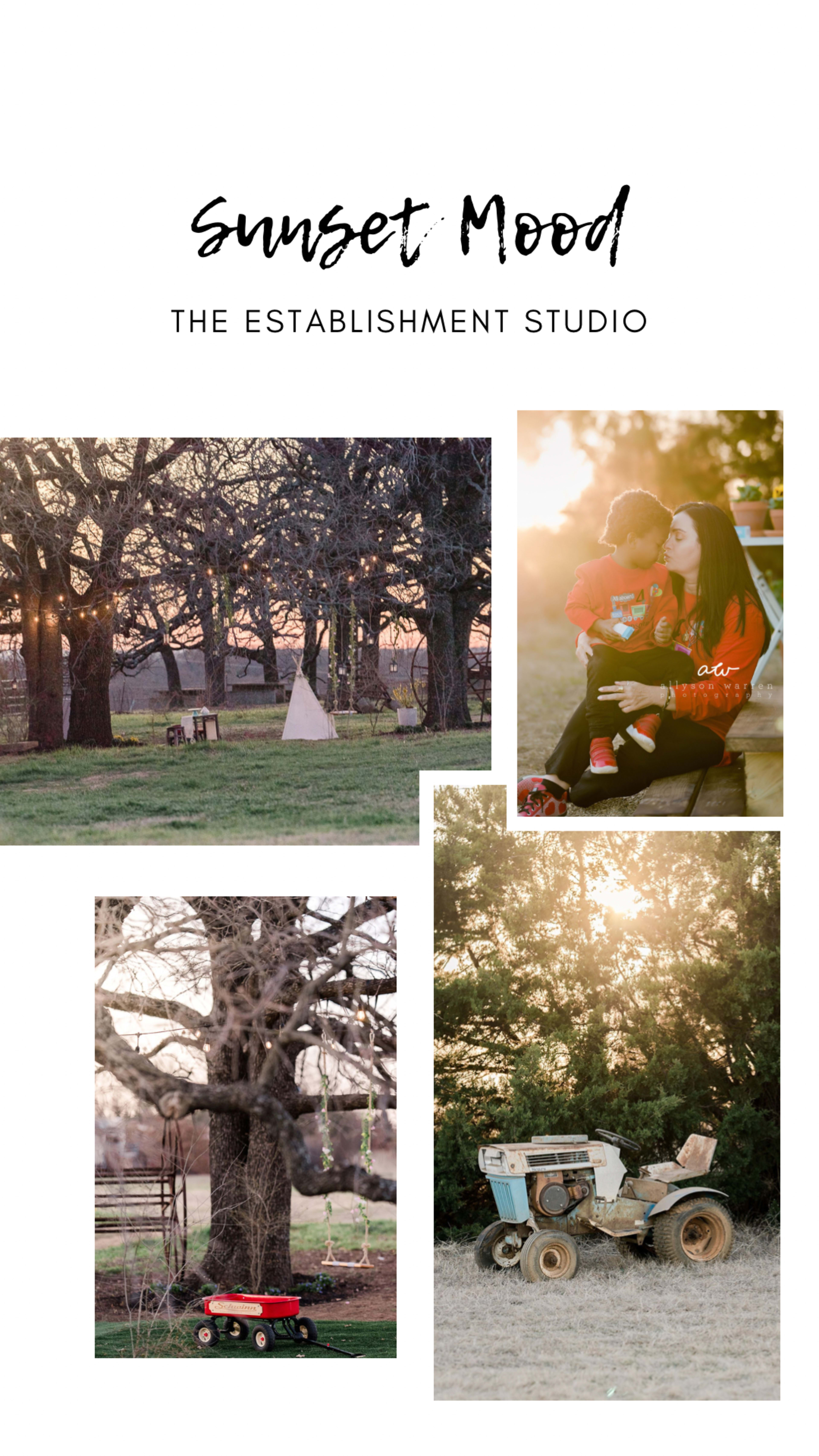 The image features a collage of four scenes, including a teepee in a field at sunset, a parent holding a child, a tree with a red toy wagon, and a vintage tractor.